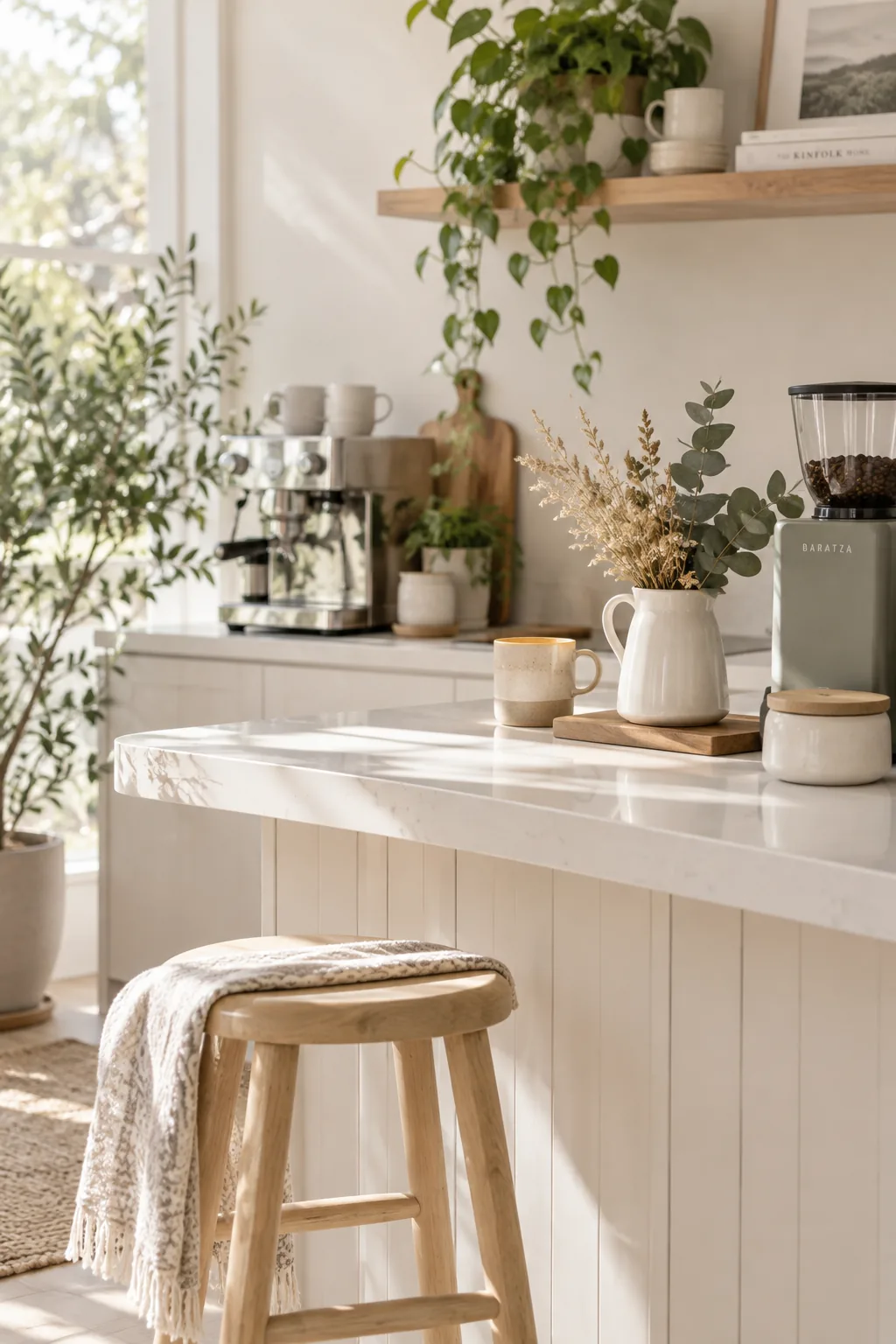 Small ceramic pitcher holding dried eucalyptus stems