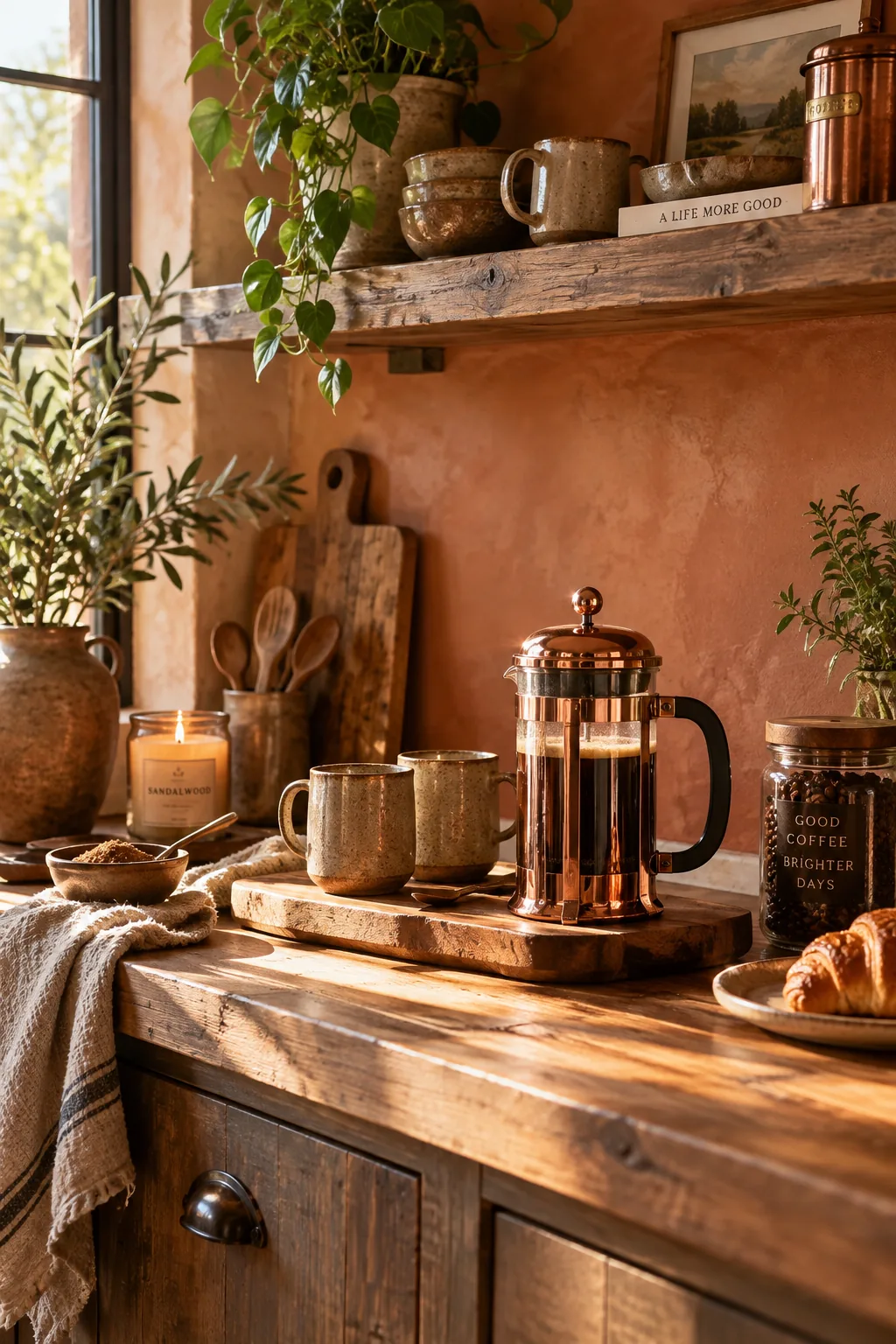 Copper French press sitting next to ceramic mugs