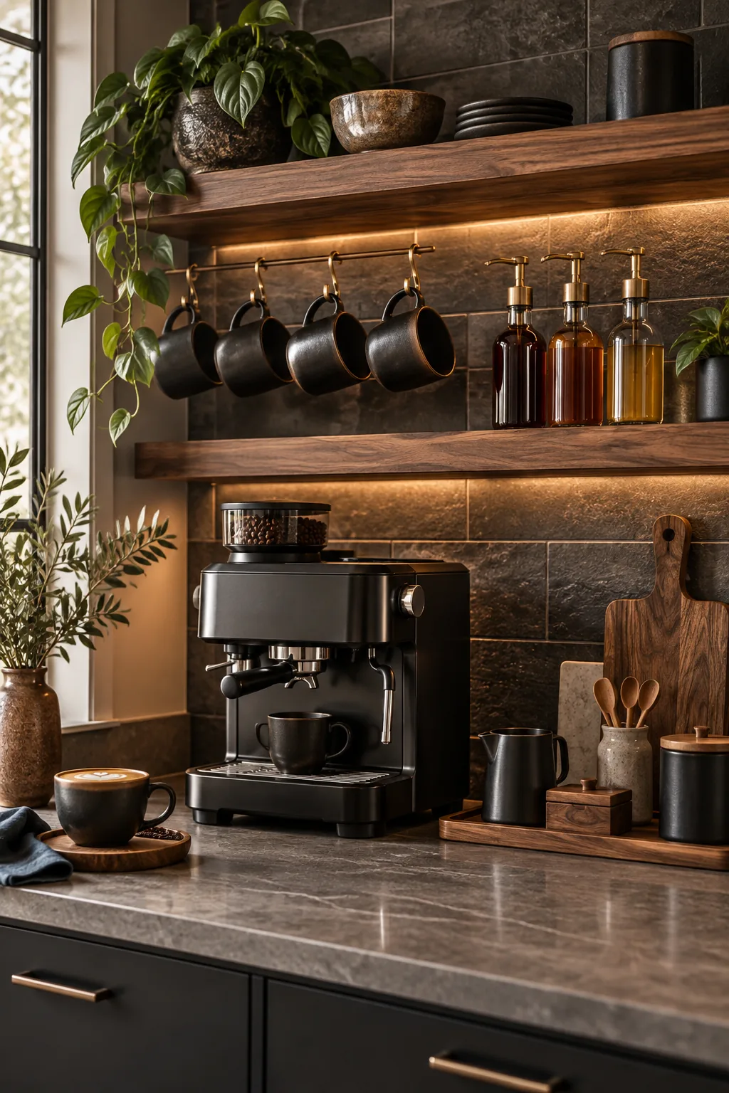 A moody modern coffee corner with a matte black espresso machine, dark walnut shelves, and a slate backsplash.