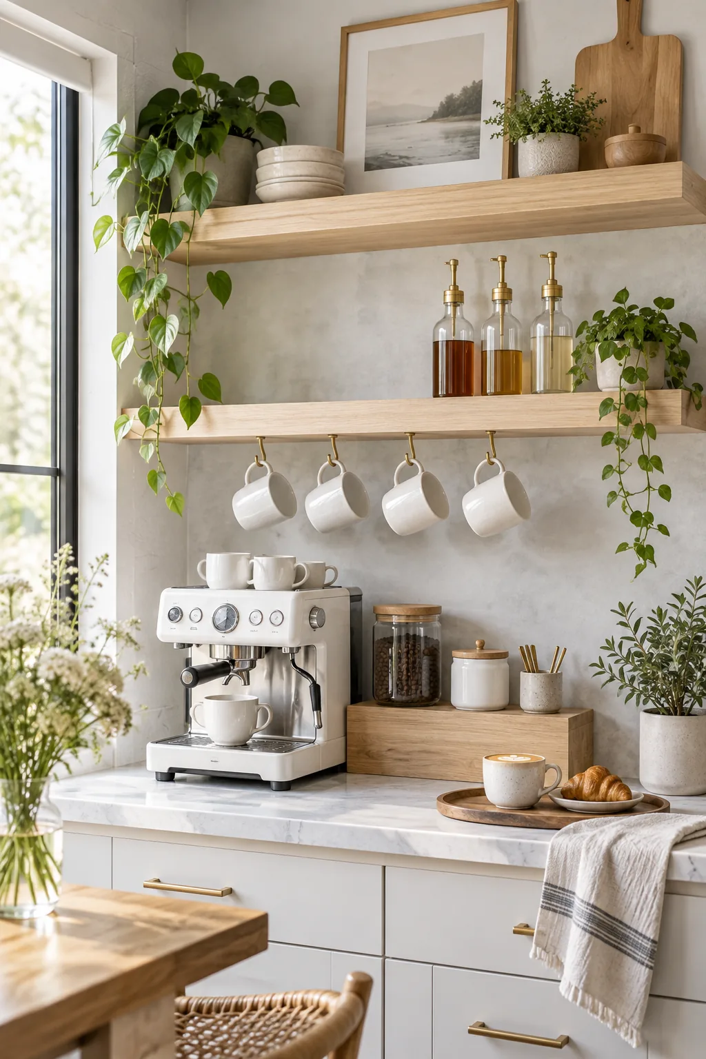 A minimalist Scandinavian coffee setup with a white machine, pale ash wood shelves, and white mugs.