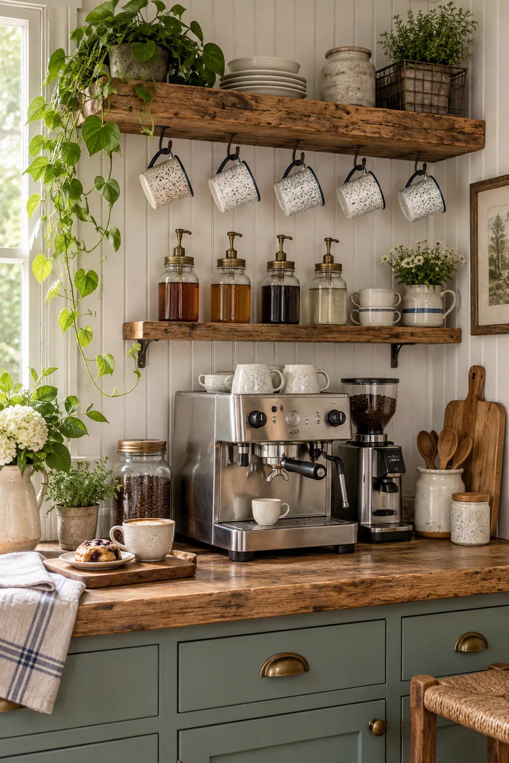 A rustic farmhouse coffee bar featuring reclaimed wood shelves, a beadboard backsplash, and speckled enamel mugs.