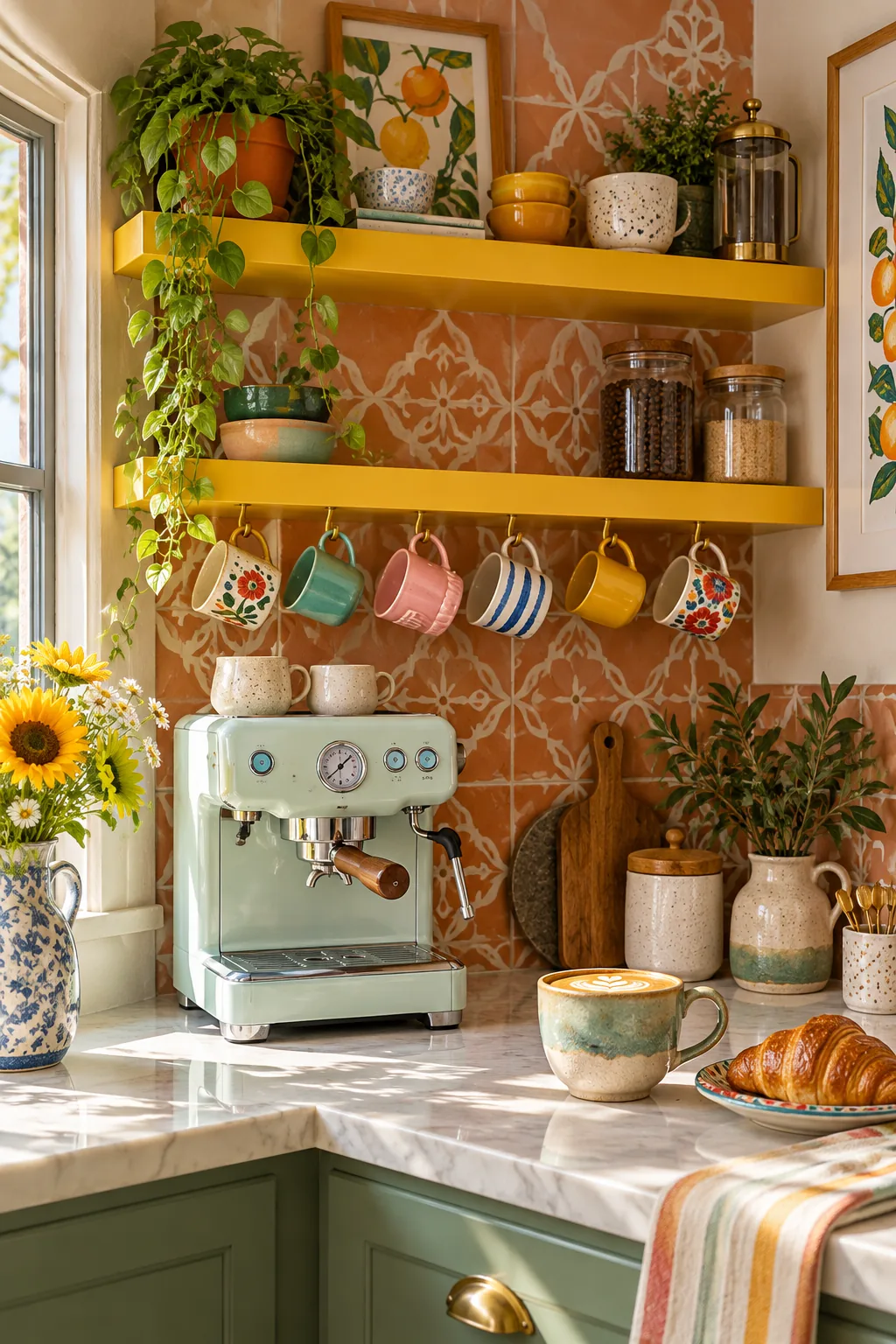 An eclectic coffee corner with a mint green machine, mustard yellow shelves, and patterned terracotta tiles.
