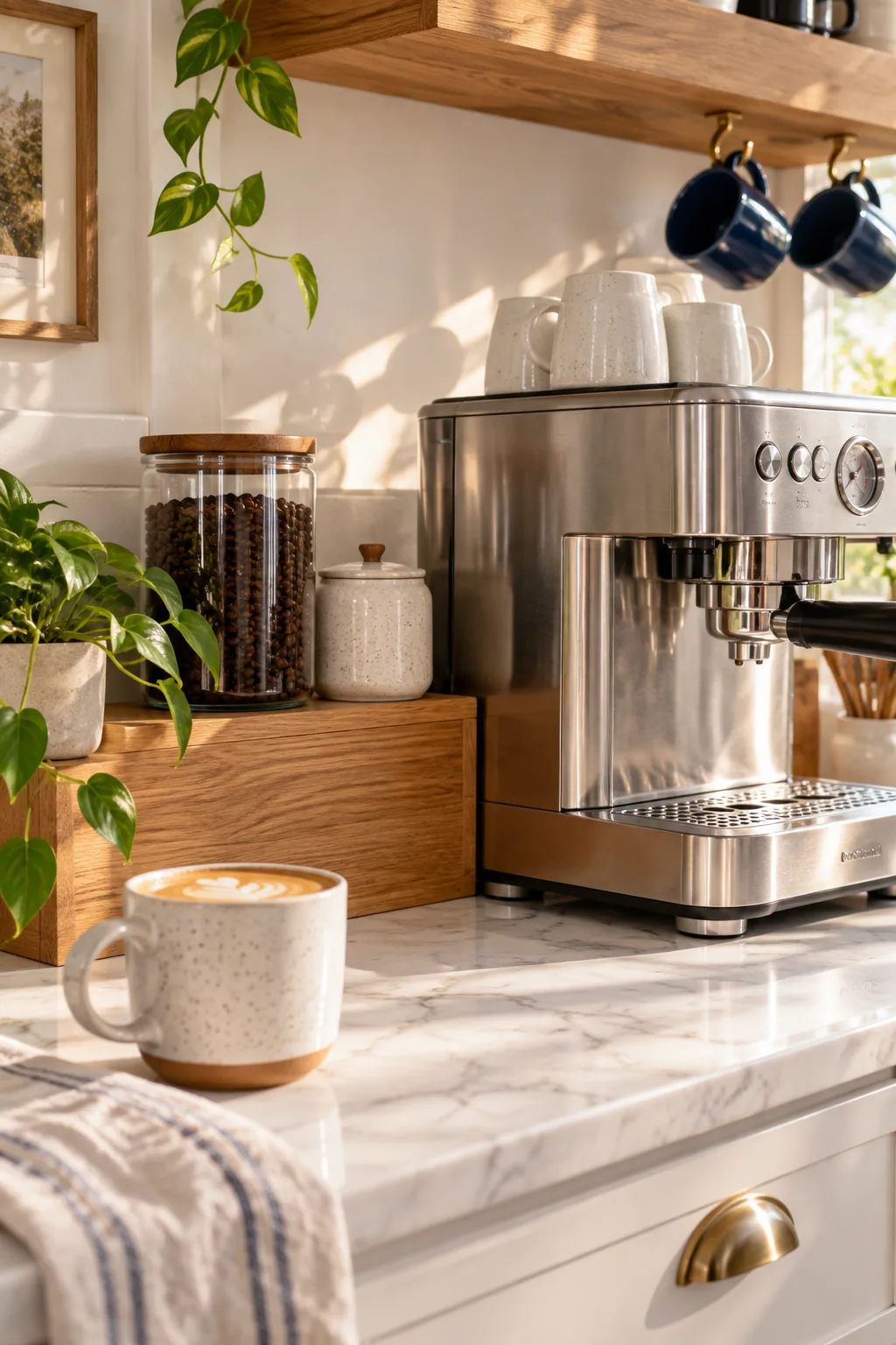 Close-up of the base of a stainless steel espresso machine sitting on small felt glide pads on a marble counter.