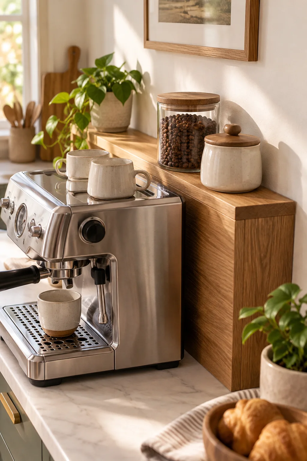 A narrow wooden riser behind an espresso machine holds a glass jar of coffee beans and a ceramic sugar container.