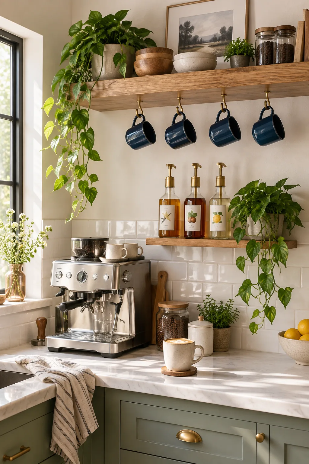 Three glass syrup bottles standing neatly on a shallow wooden picture ledge mounted to a wall.