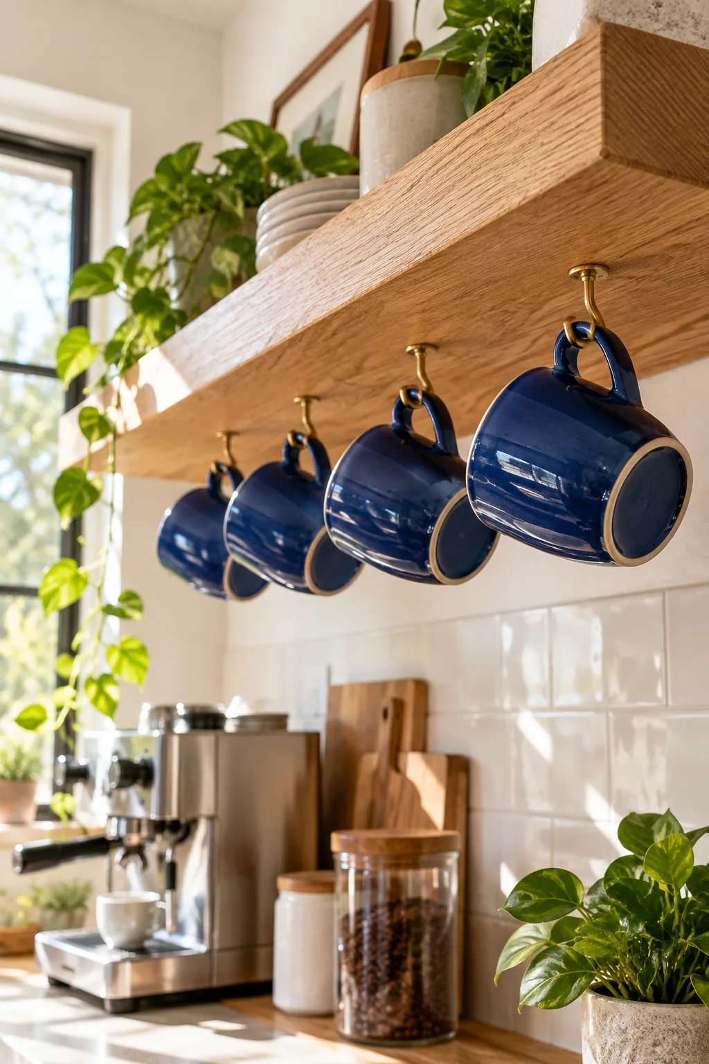 Cobalt blue ceramic mugs hanging from brass cup hooks underneath a wooden floating shelf.