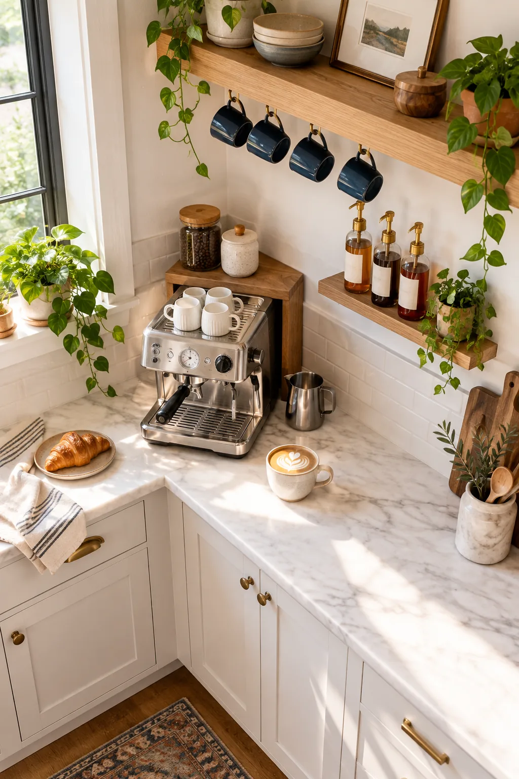 A fully styled kitchen corner coffee bar with an espresso machine, layered wooden shelving, syrups, and hanging mugs.