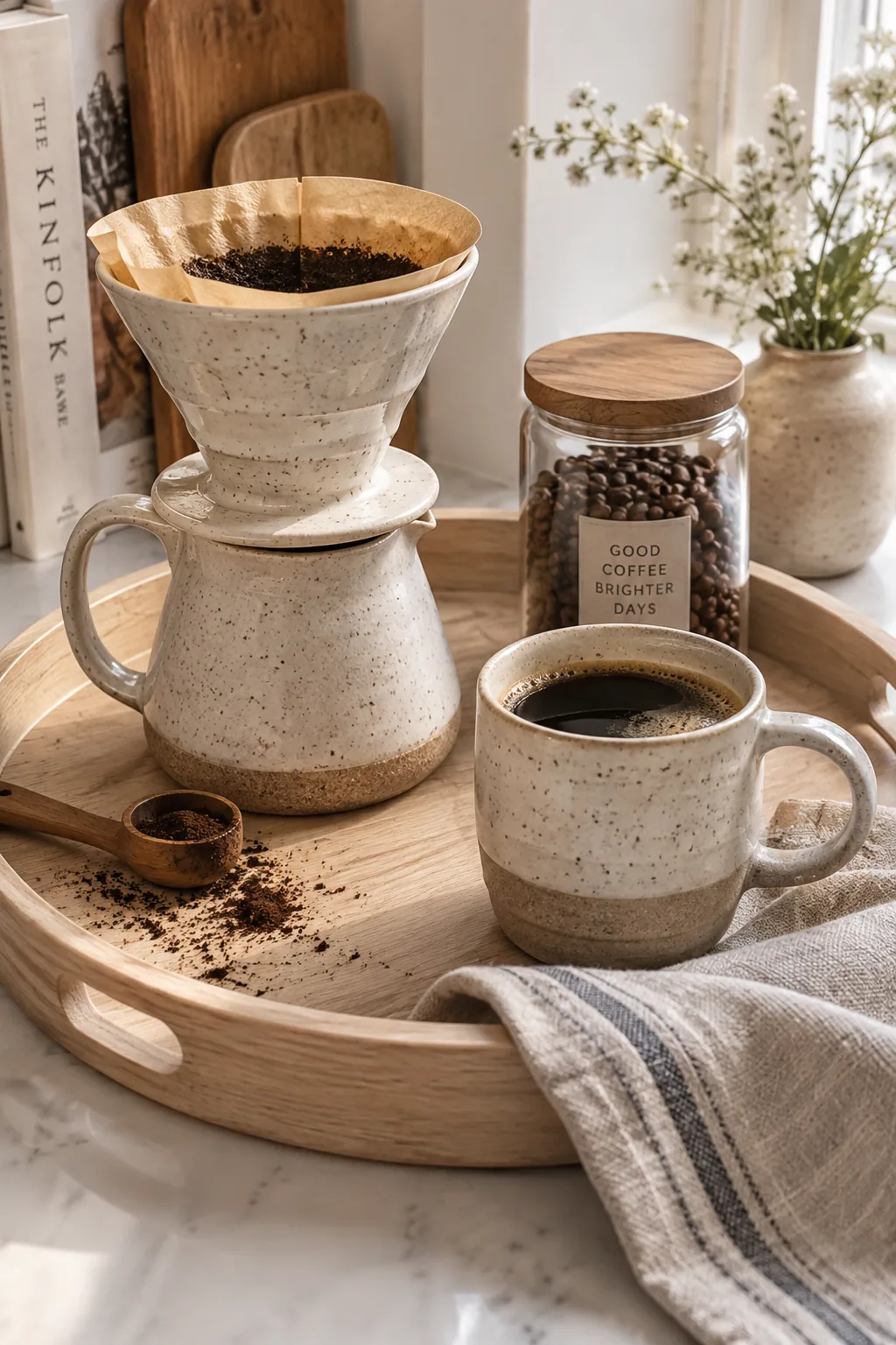 Coffee maker and accessories arranged neatly on a large wooden tray on a kitchen counter
