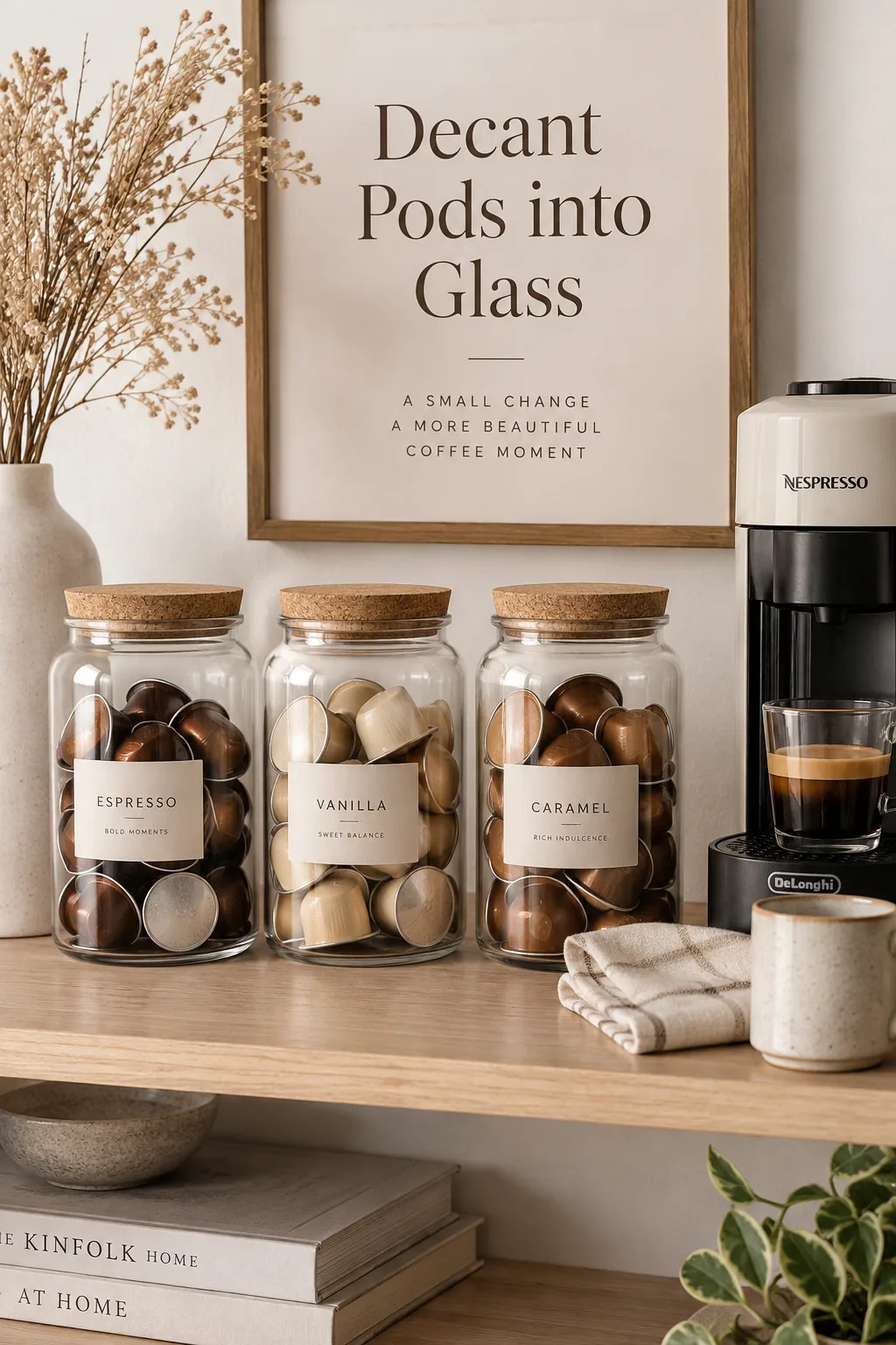 Clear glass apothecary jars filled with colorful coffee pods next to an espresso machine