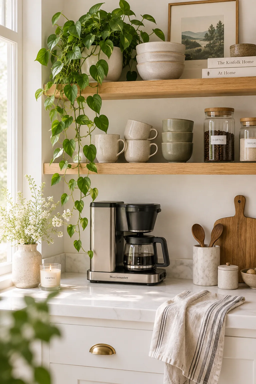 Two wooden floating shelves above a coffee bar styled with mugs, bowls, and a pothos plant