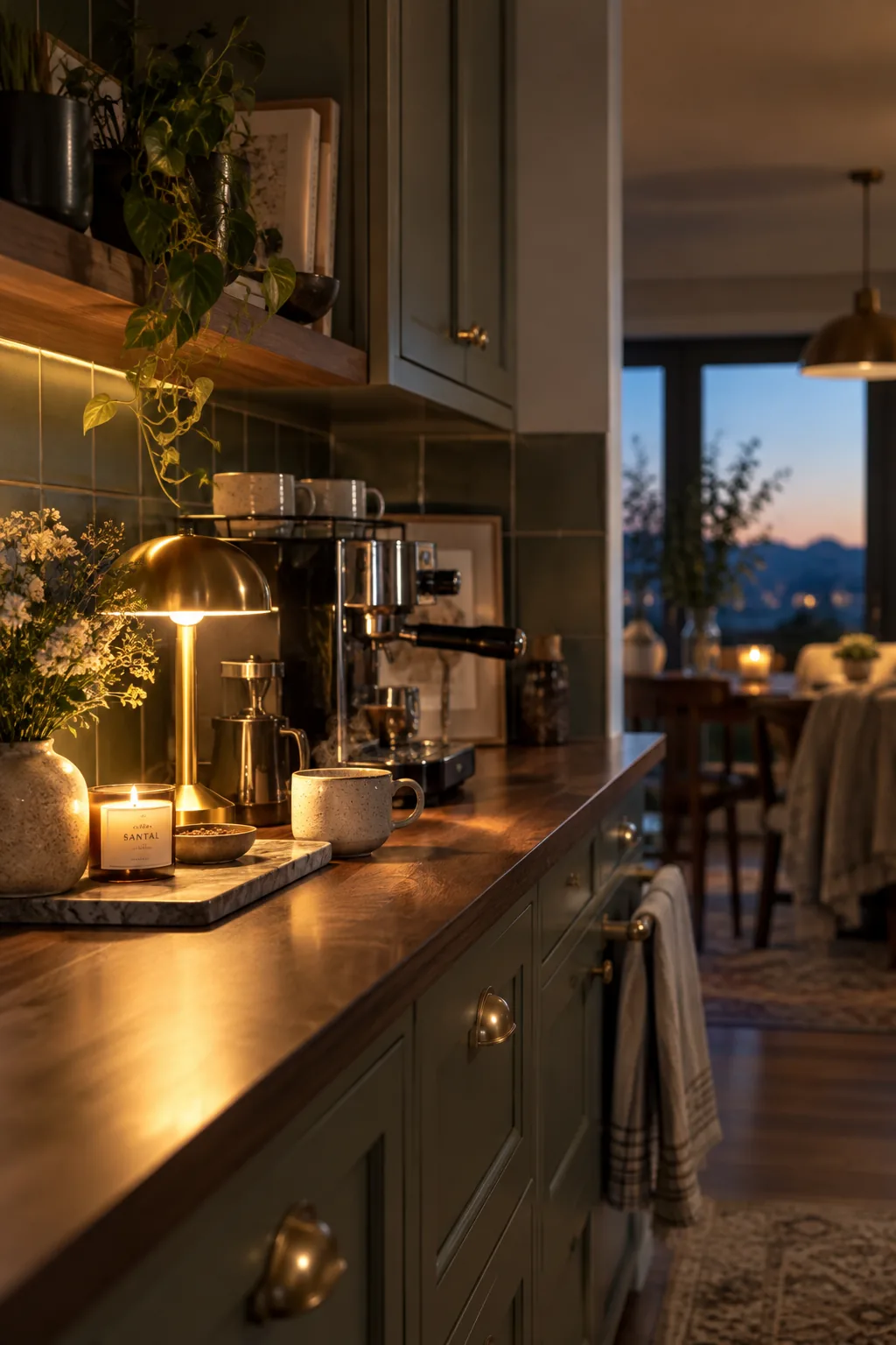 A small brass table lamp turned on next to a coffee machine under dark kitchen cabinets