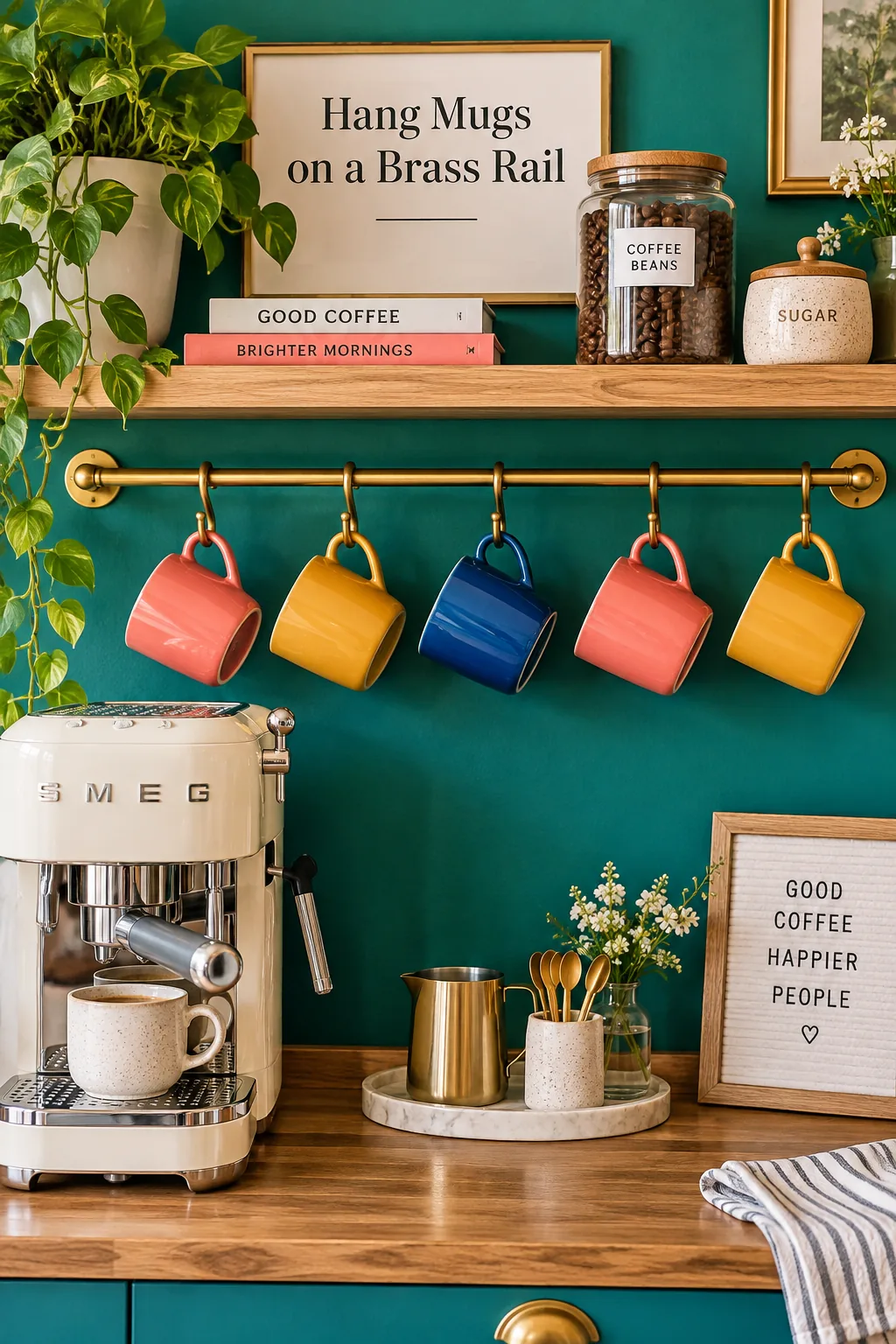Ceramic mugs hanging from S-hooks on a brass rail above a coffee bar