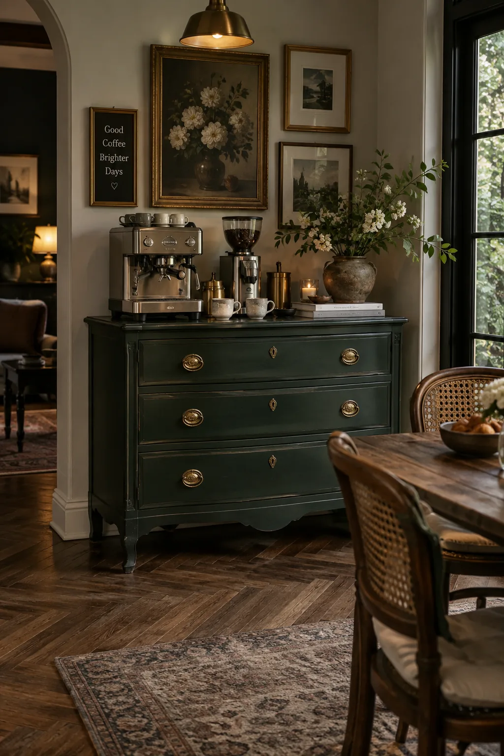 Dark green vintage dresser repurposed as a coffee bar with a marble slab on top
