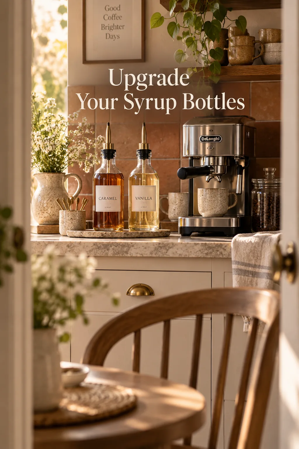 Coffee syrups decanted into glass cruets with minimalist labels and gold pour spouts