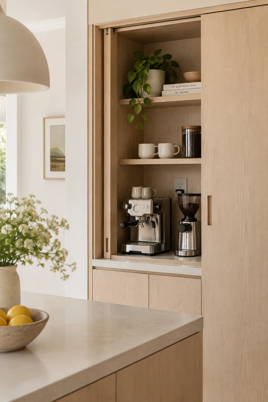A hidden coffee station revealed behind sliding pocket doors in a modern kitchen pantry