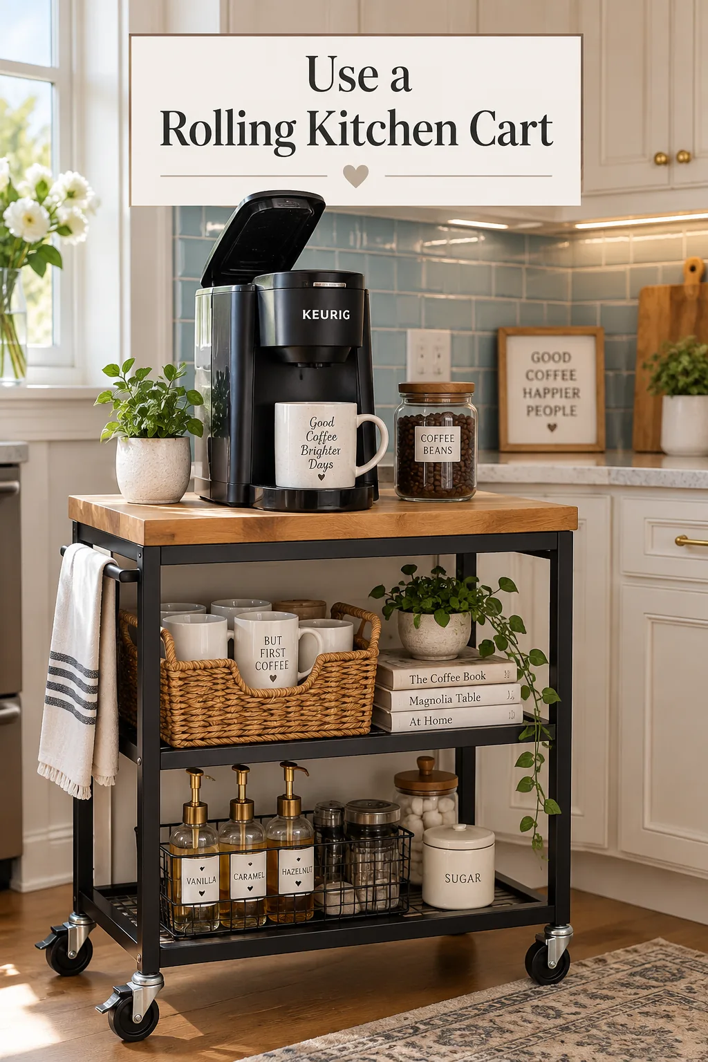 Wooden rolling kitchen cart serving as a freestanding coffee station with wire baskets below