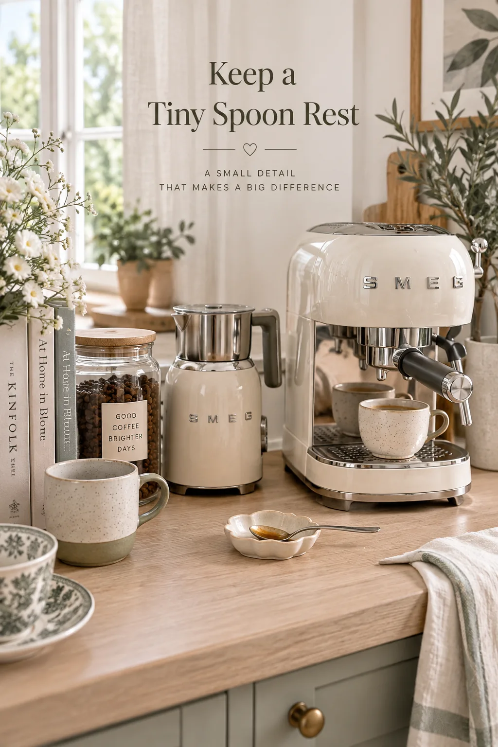 A small handmade ceramic spoon rest sitting next to a milk frother and espresso machine