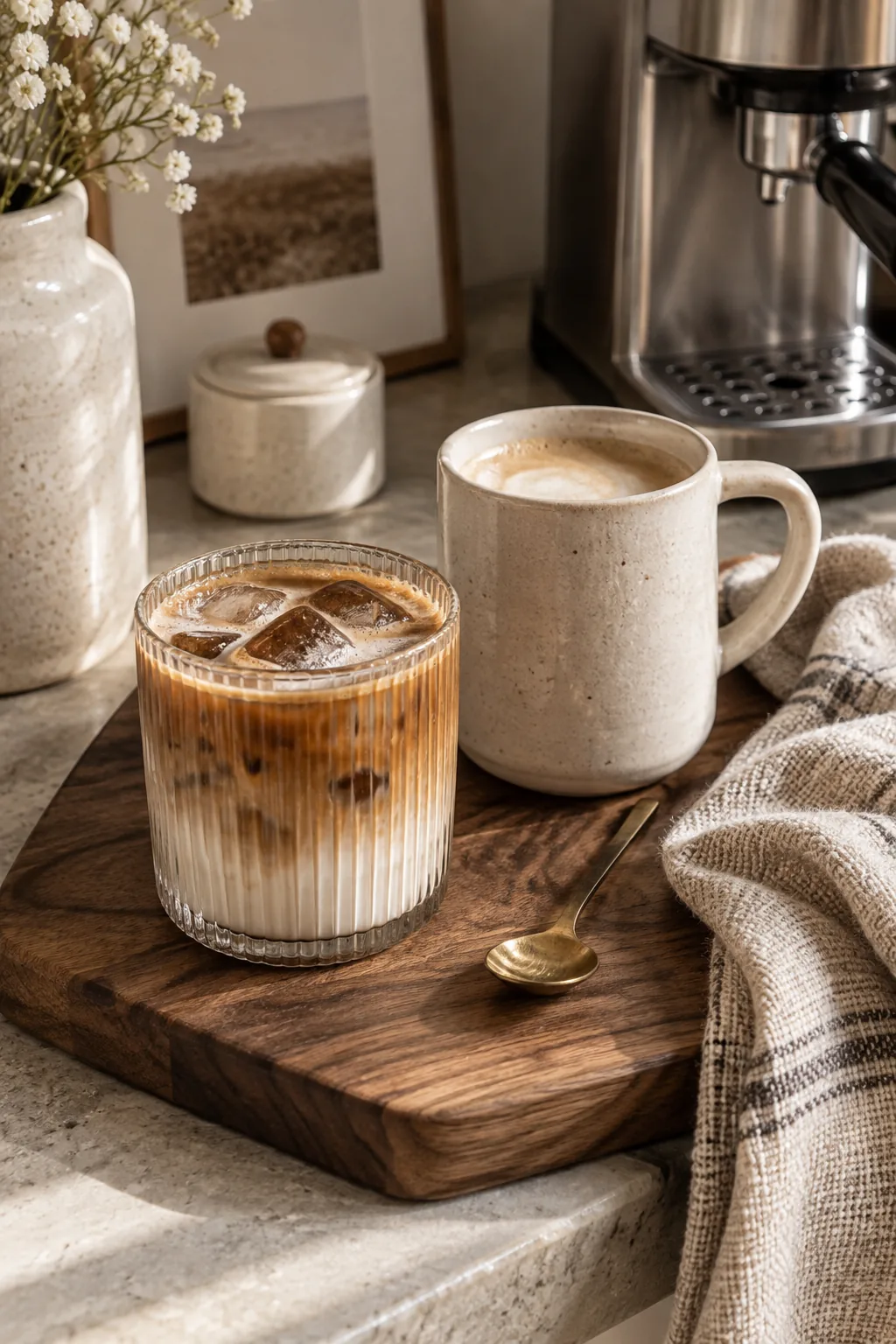 Close up of a coffee station featuring ribbed glass jars, matte black mugs, and a wood tamper block