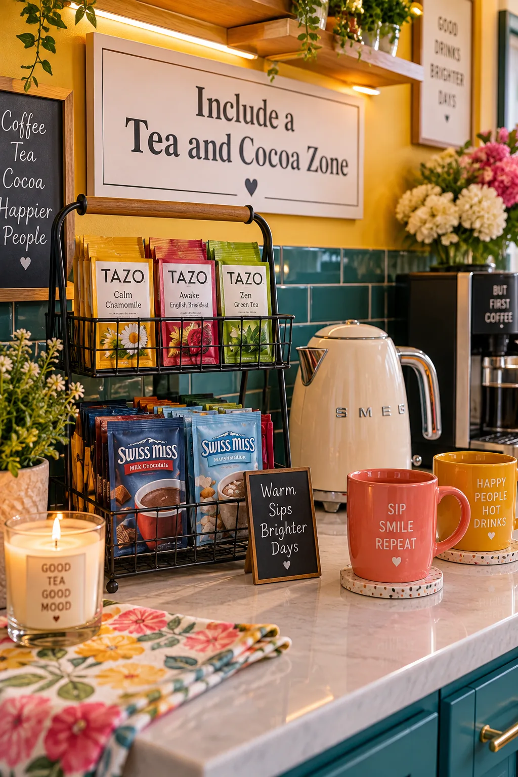 A two-tier wire stand filled with assorted tea bags and hot cocoa packets next to a kettle