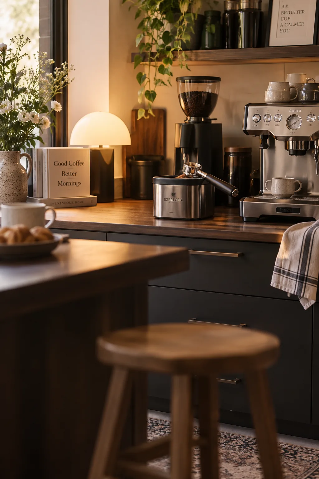 A stainless steel espresso knock box sitting on a wooden counter next to a portafilter