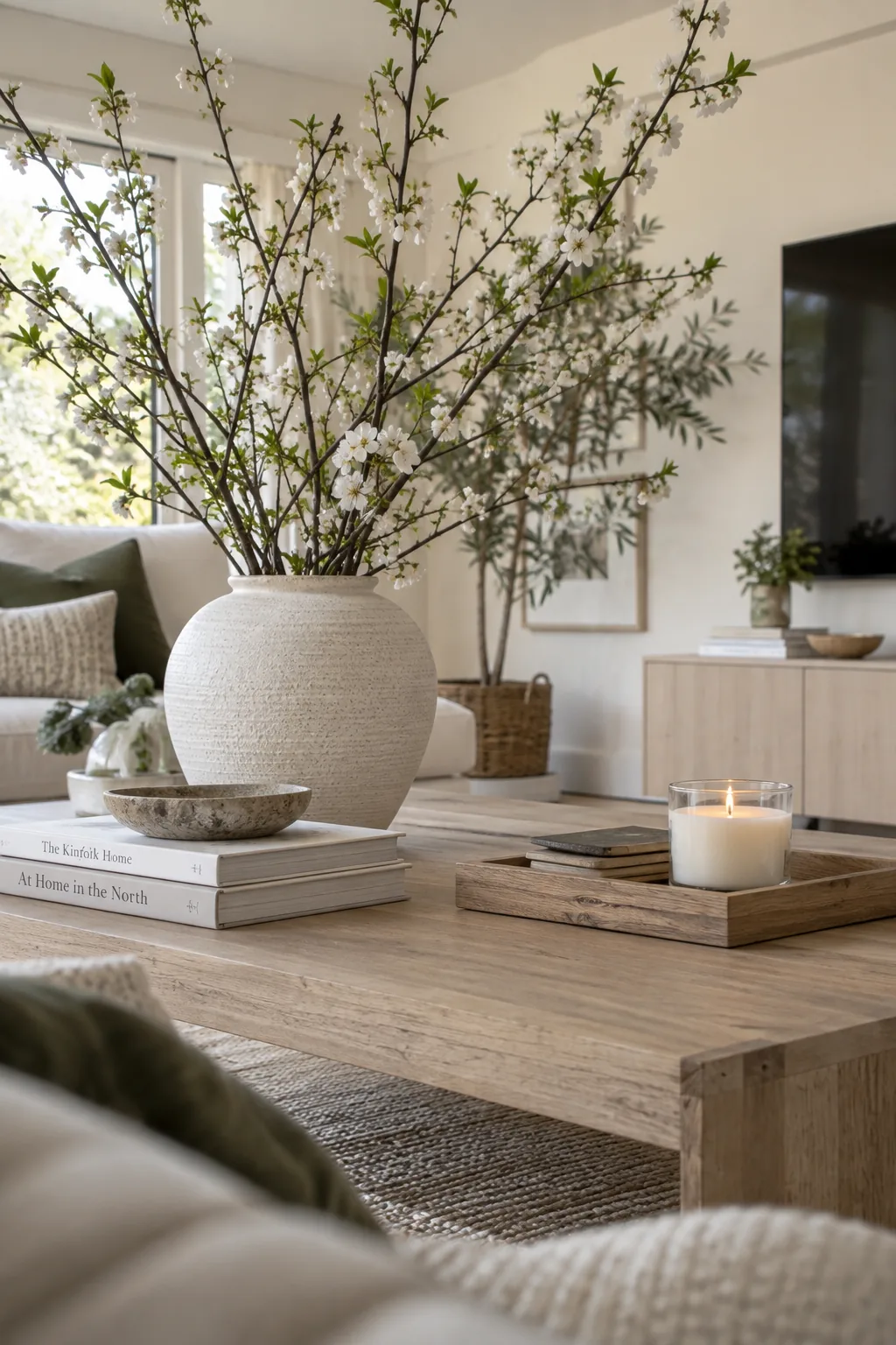 Tall green branches arranged in a heavy white ceramic vase on a coffee table