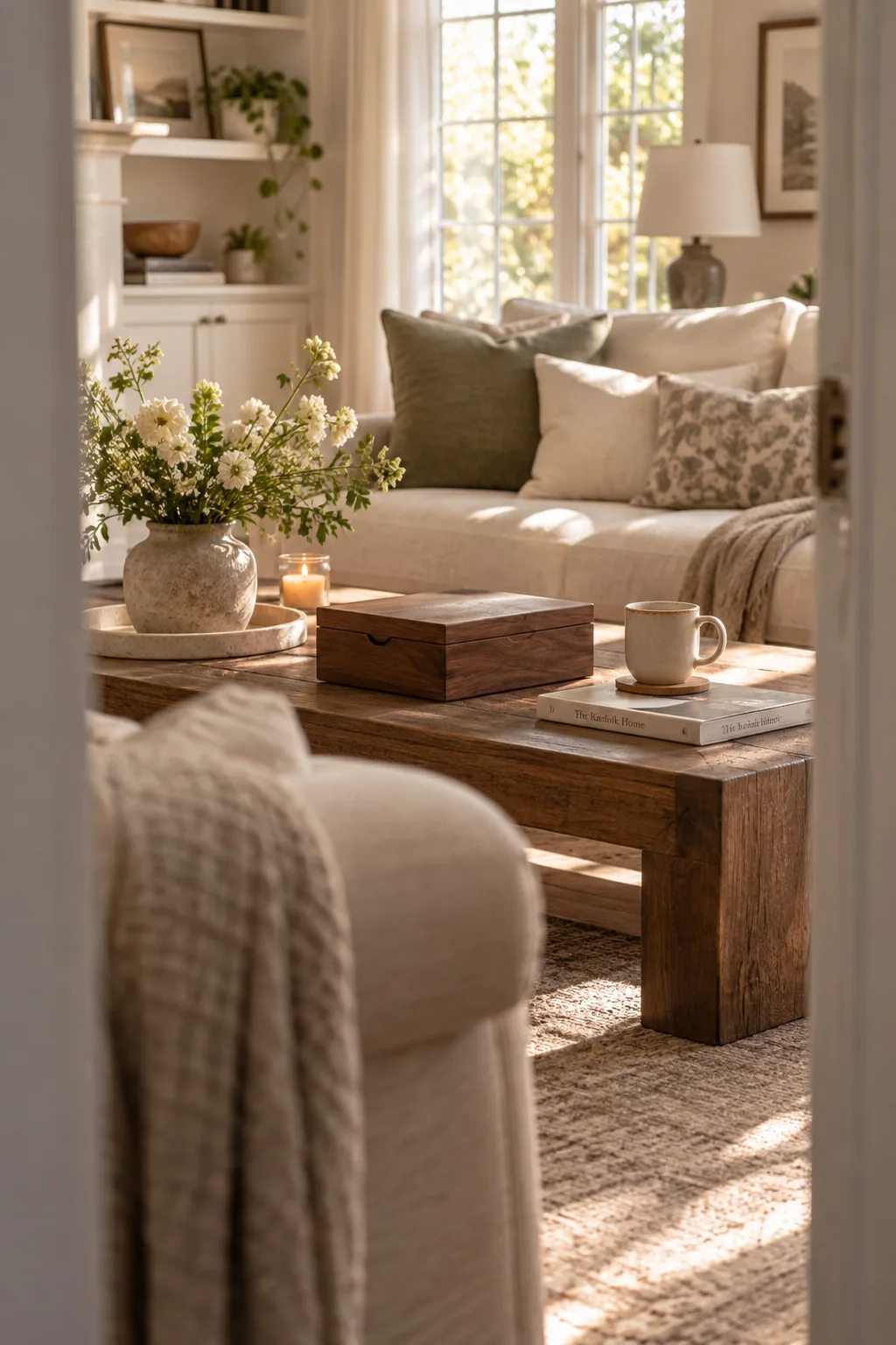 A beautifully crafted wooden box sitting next to a stack of books on a coffee table