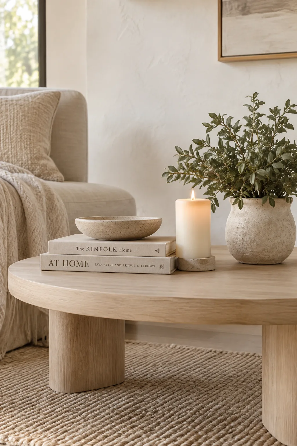 A coffee table styled with a stack of books, a candle, and a small potted plant