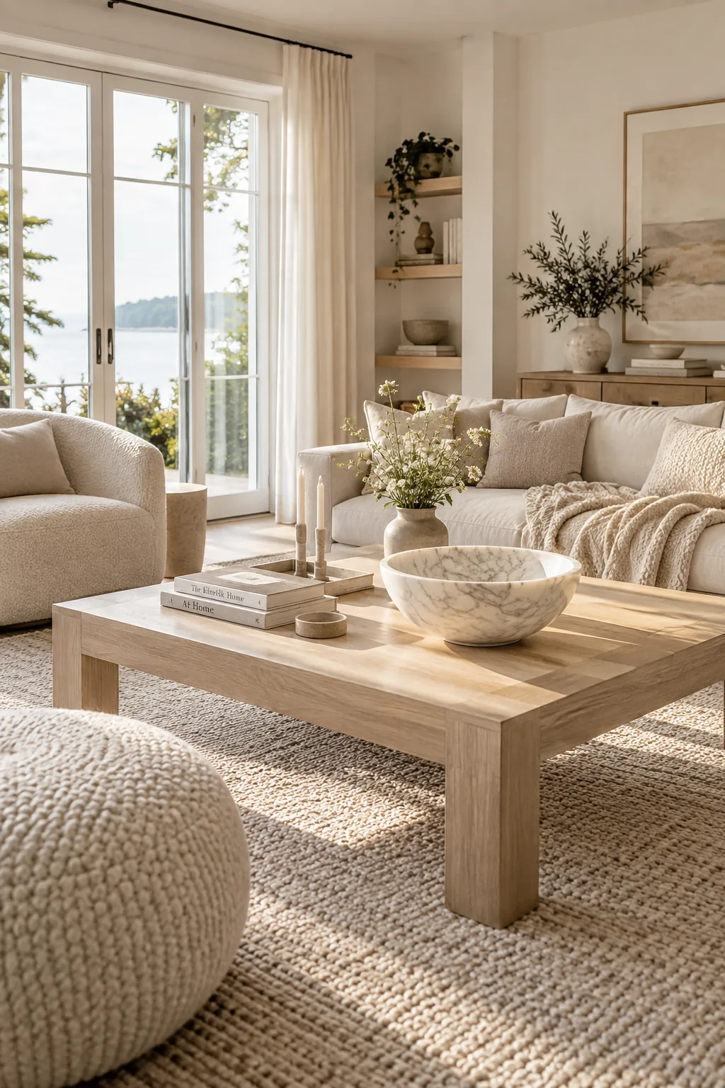 A fluted marble bowl filled with wooden beads on a modern coffee table