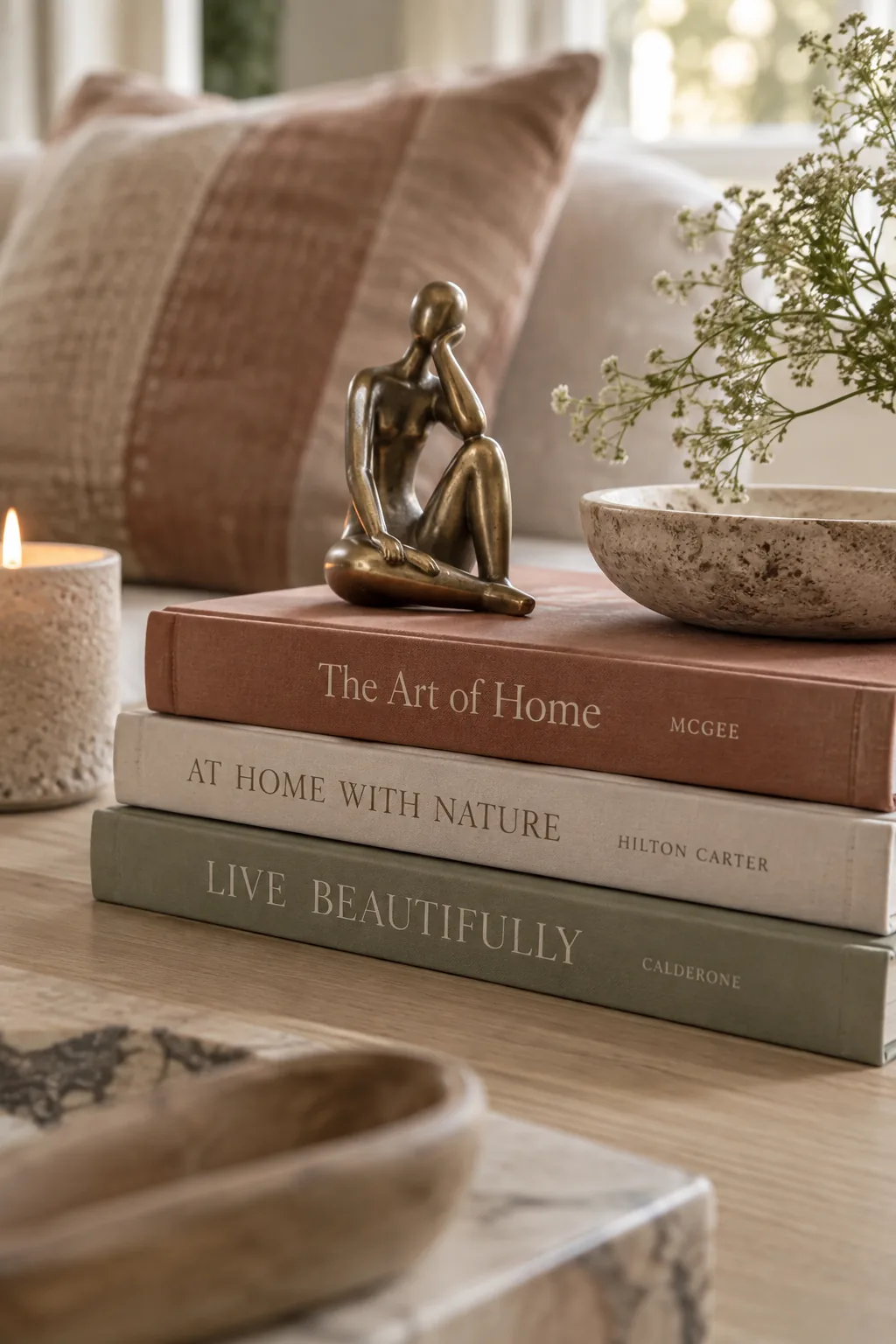 A small brass figurine resting on top of three stacked large design books