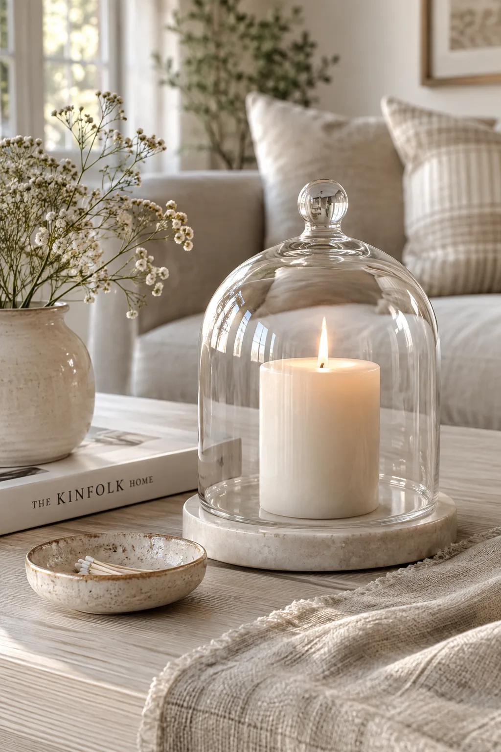 A glass cloche covering a small green plant on a rustic wooden coffee table