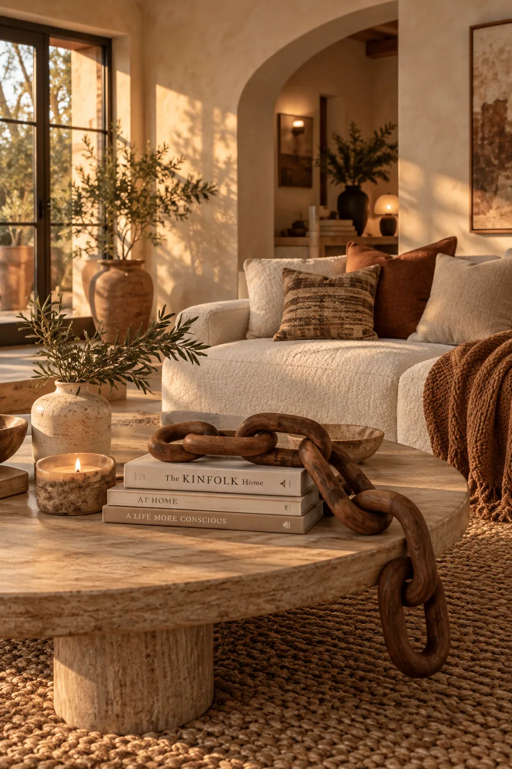 A chunky wooden chain draped naturally over a stack of neutral colored books