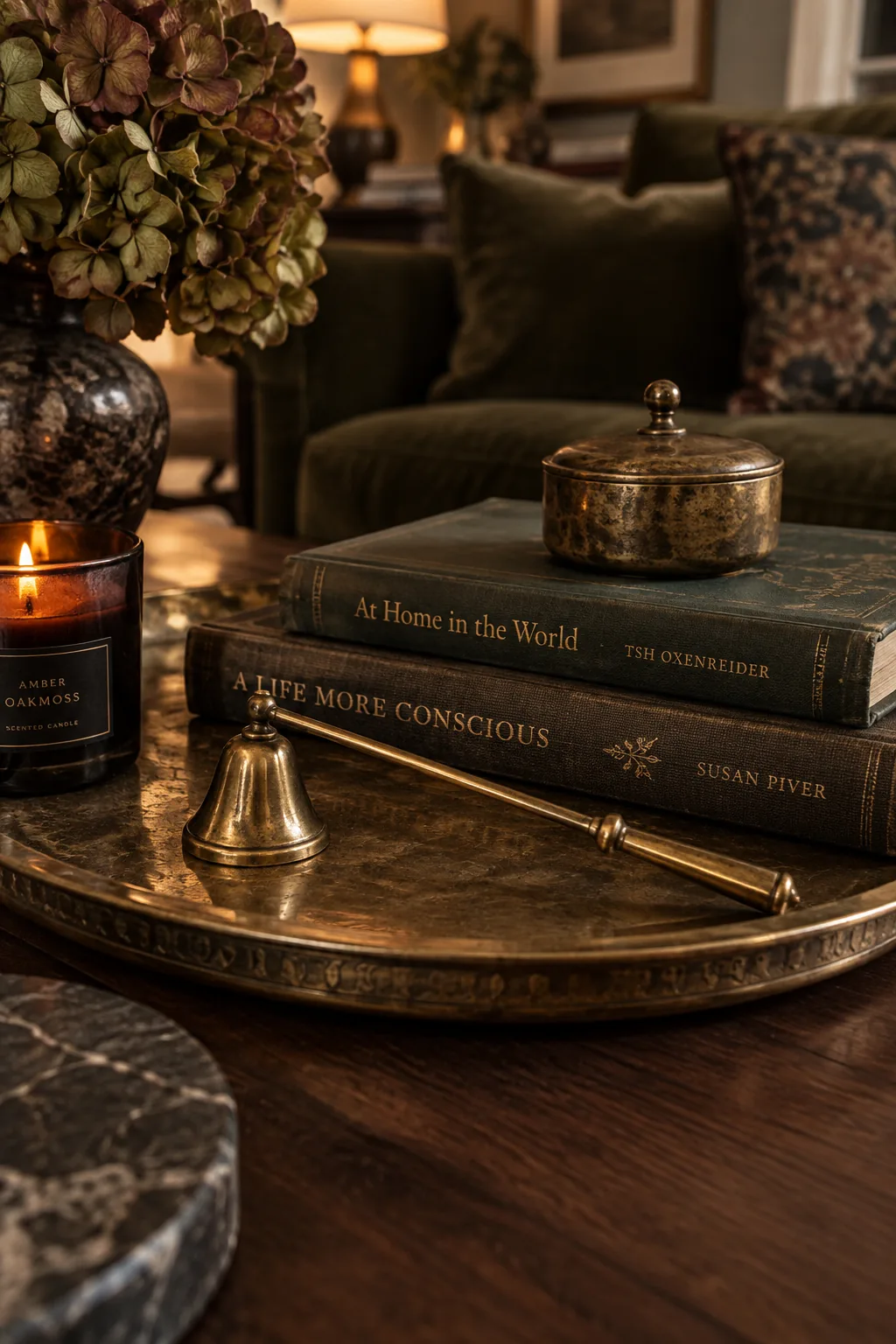 A vintage brass tray holding dark books and a brass candle snuffer