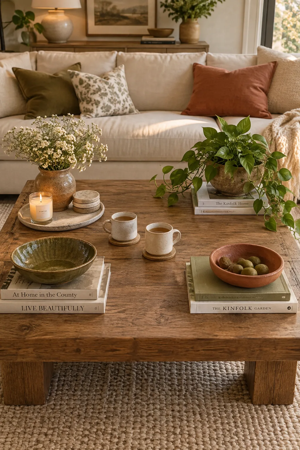A large square coffee table styled with four distinct decor groupings in each corner