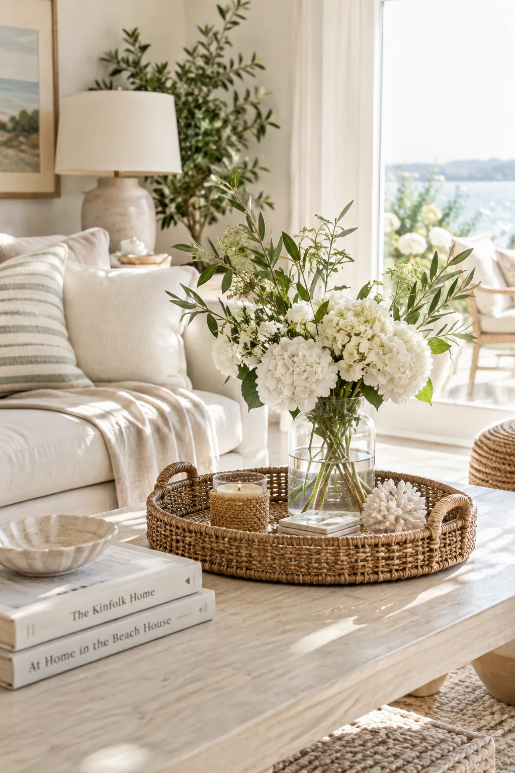 A woven rattan basket holding a glass vase with fresh green clippings