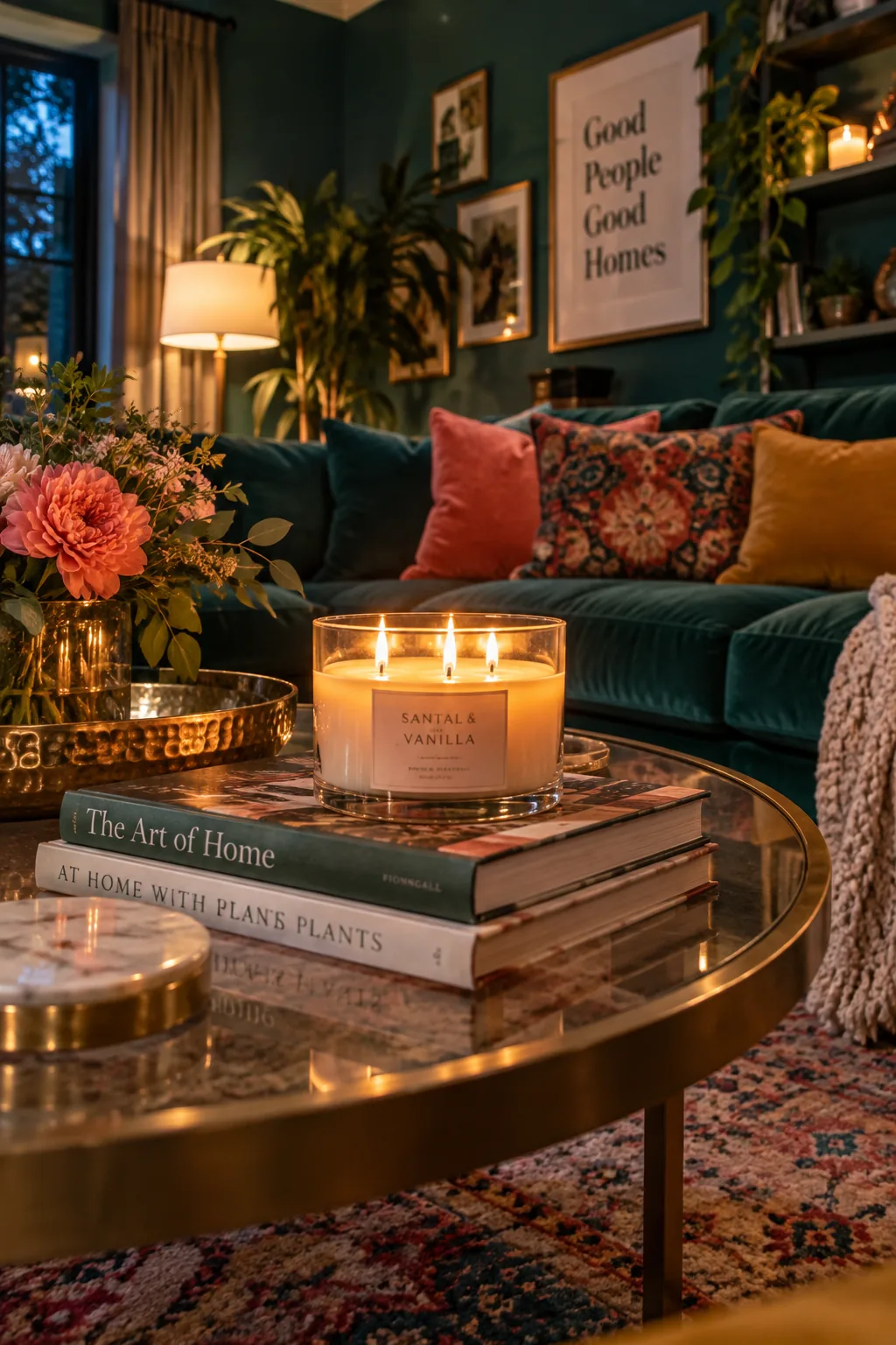 A large three-wick candle glowing in the center of a round coffee table