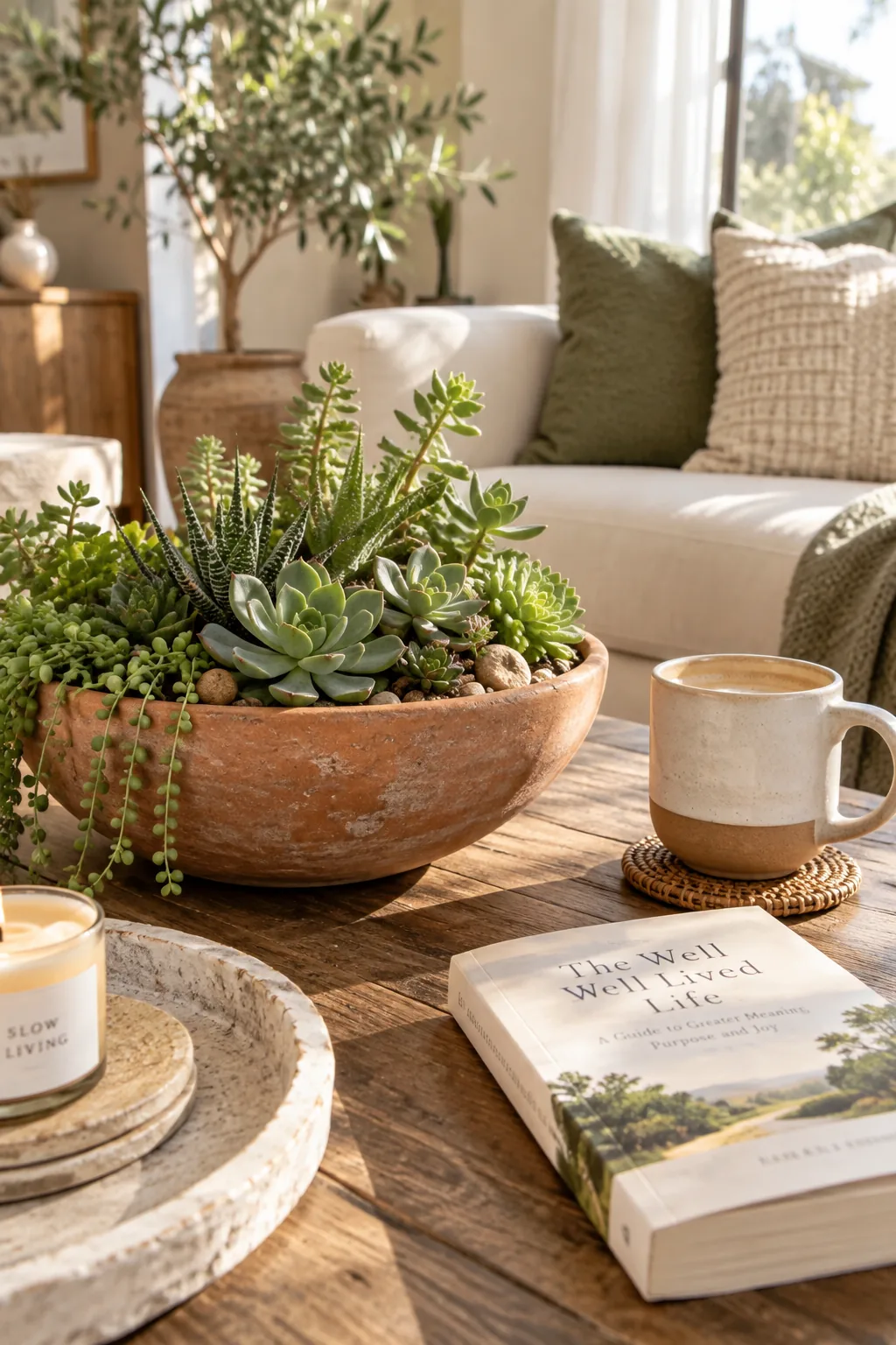 A low terracotta bowl filled with small green succulents on a table