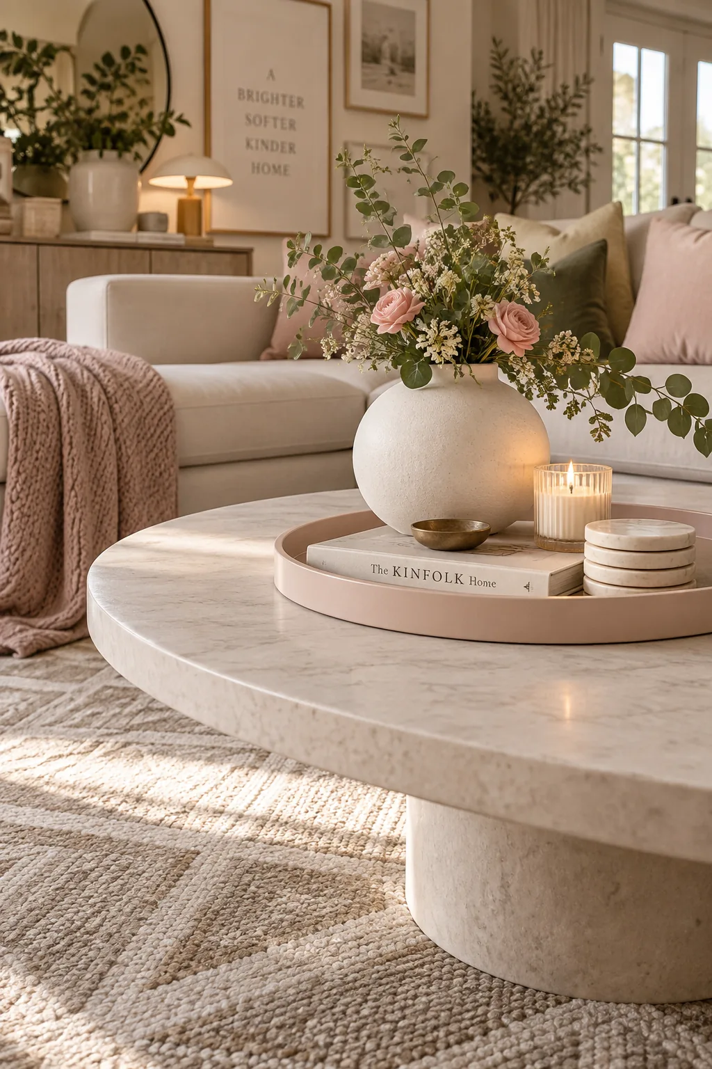 A round tray holding a spherical vase and circular coasters