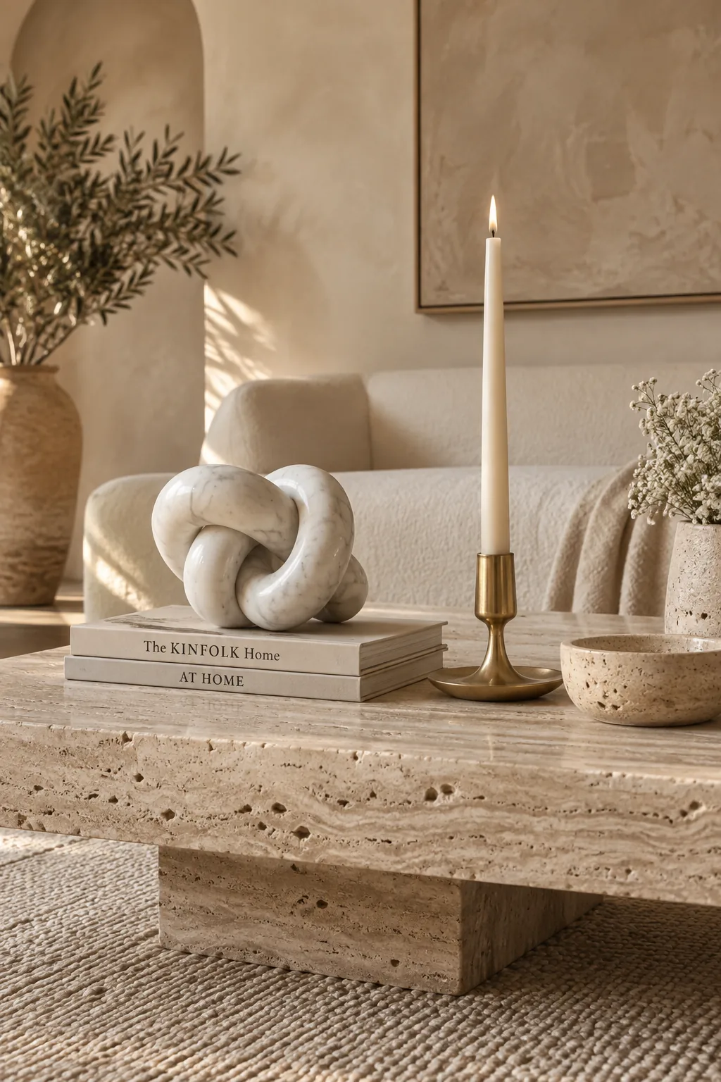 A heavy marble knot on one side of a table balanced by a tall candle on the other
