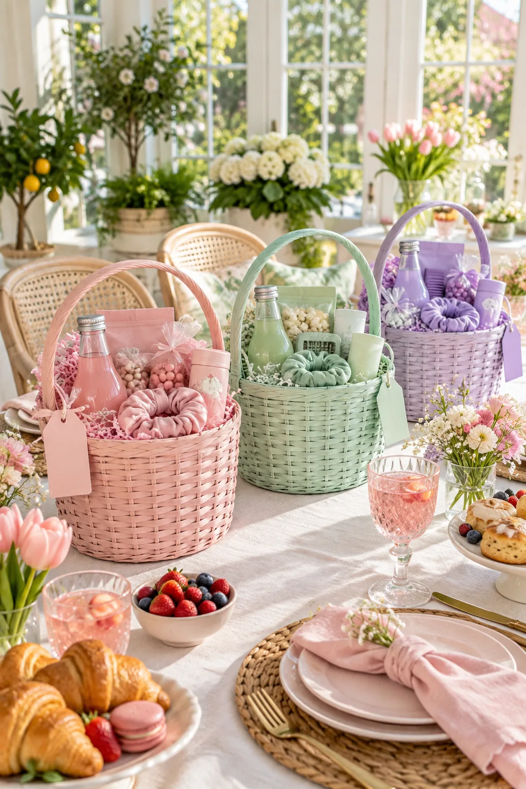 Soft pastel gift baskets arranged on a white linen table in a sunlit conservatory.