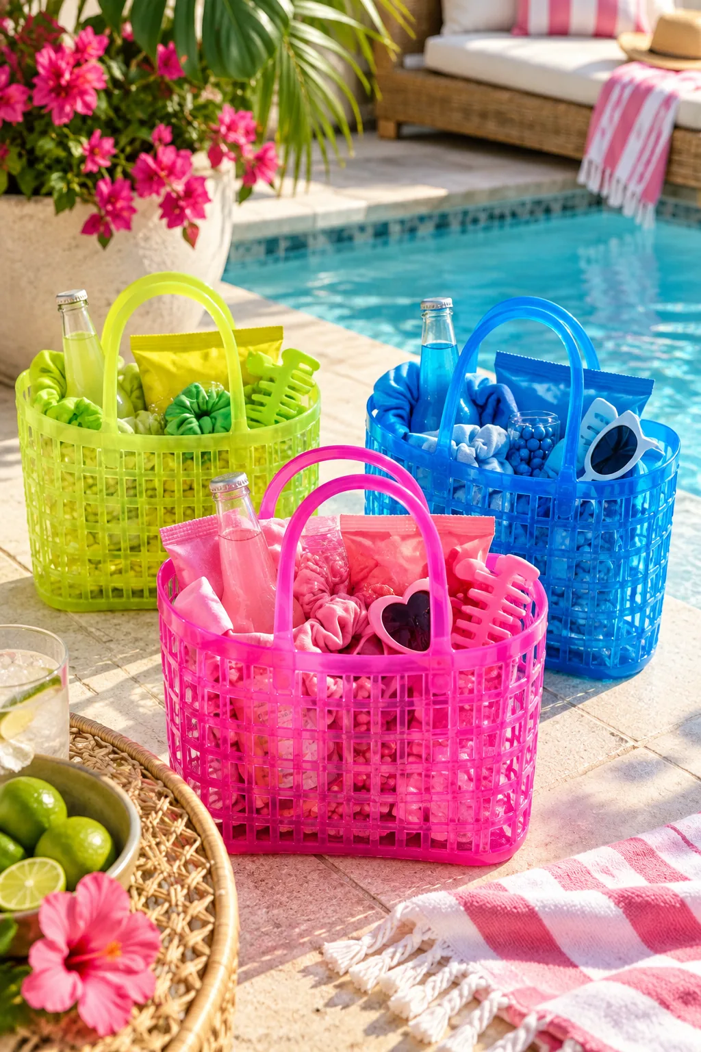 Bright neon plastic jelly totes filled with colorful items sitting on a tiled pool patio.