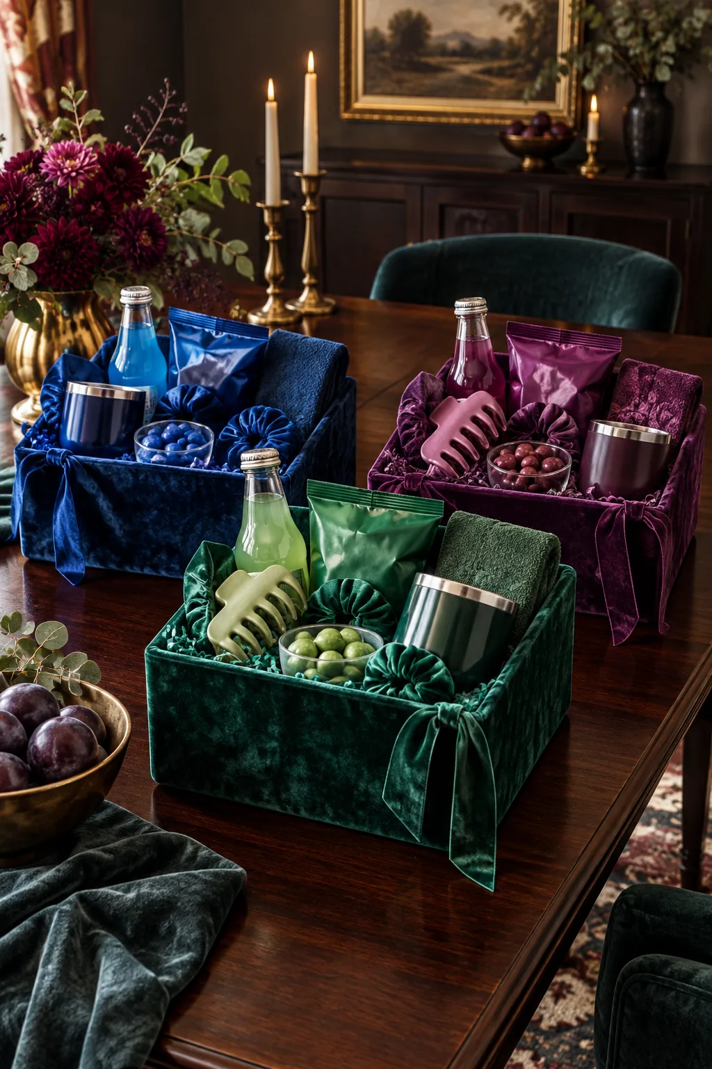 Deep jewel-toned velvet boxes filled with gifts on a dark mahogany table.