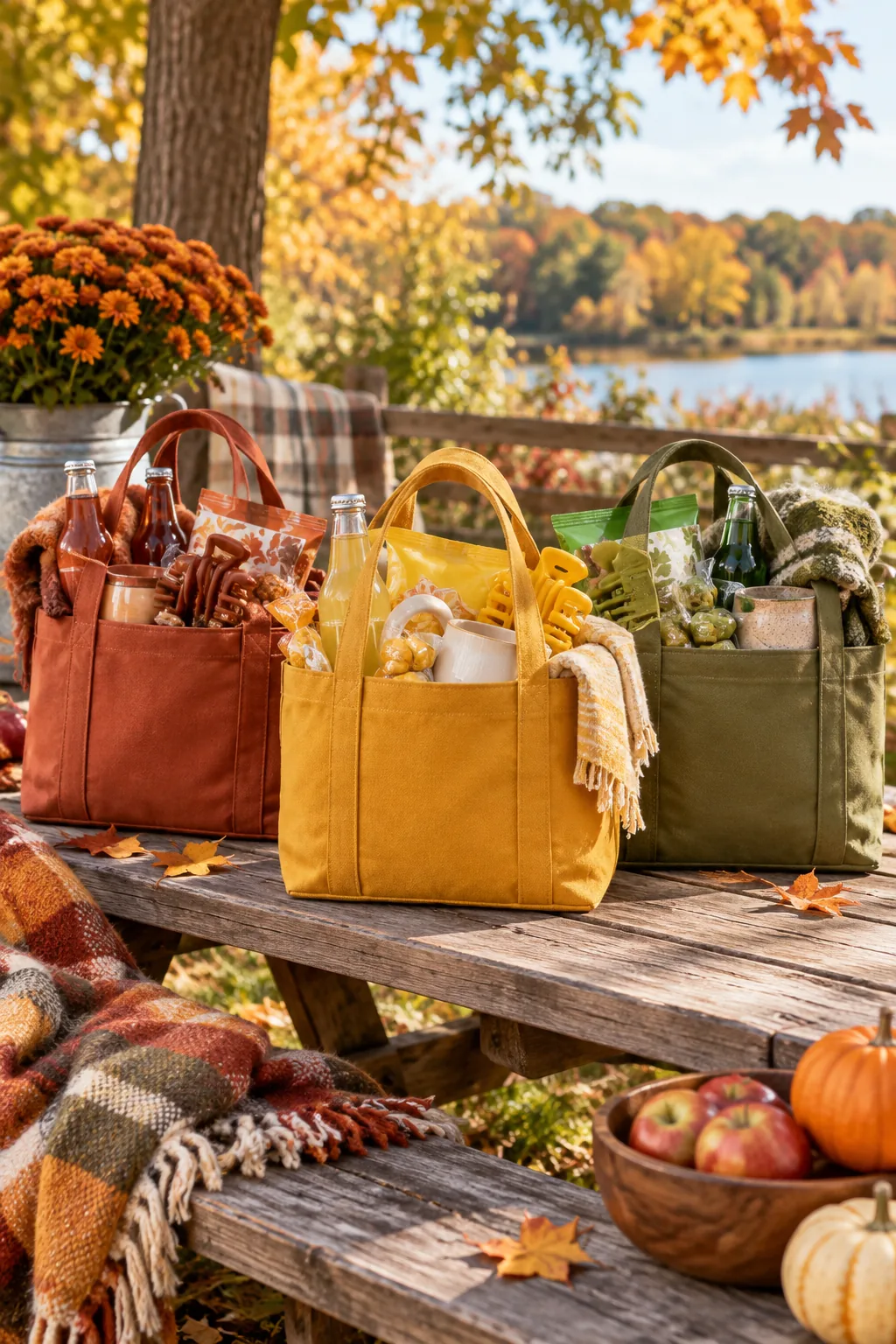 Earthy autumn-colored canvas tote bags sitting on a rustic wooden picnic bench.