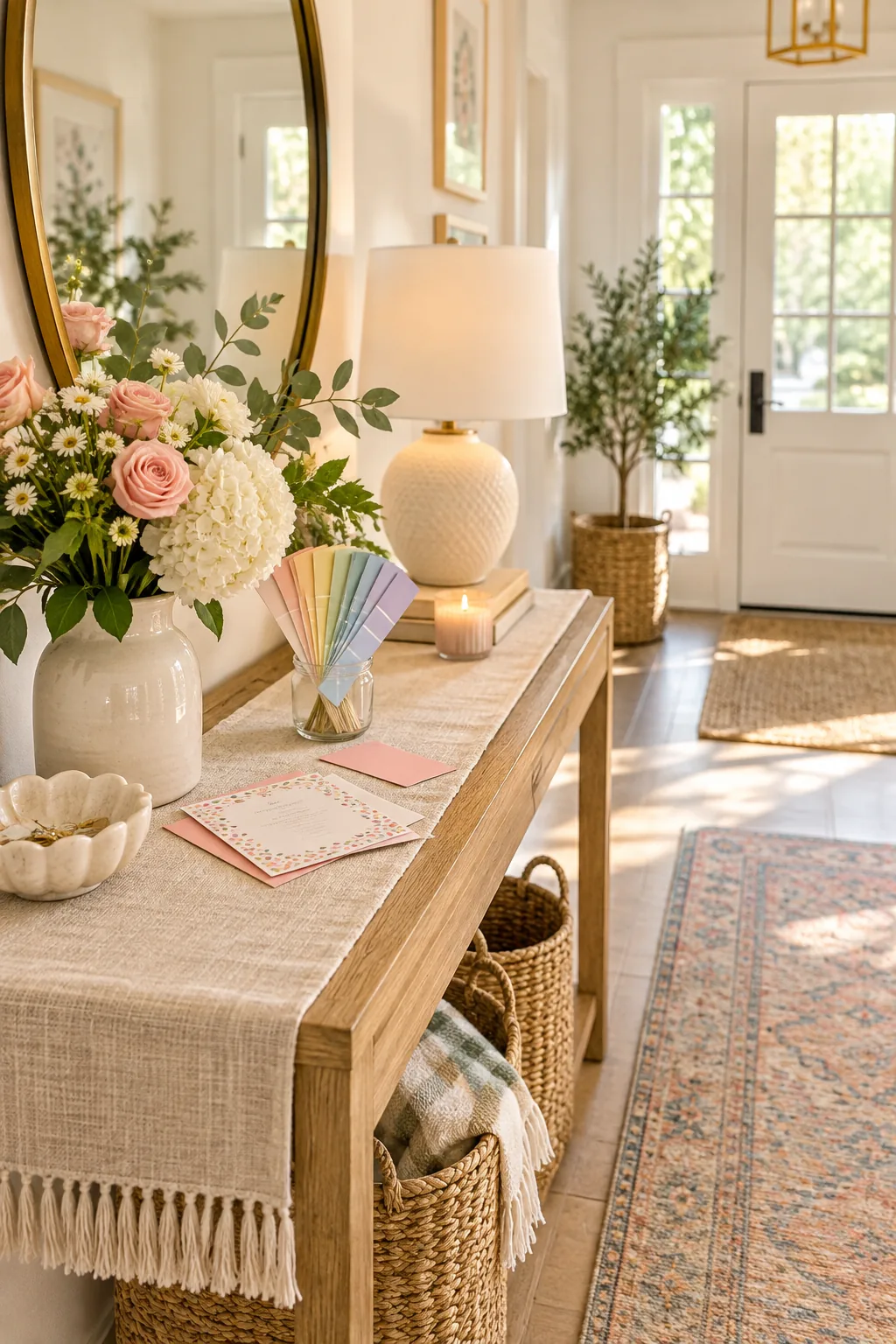 A small glass jar on a linen runner holding a fan of colorful hardware store paint chips.