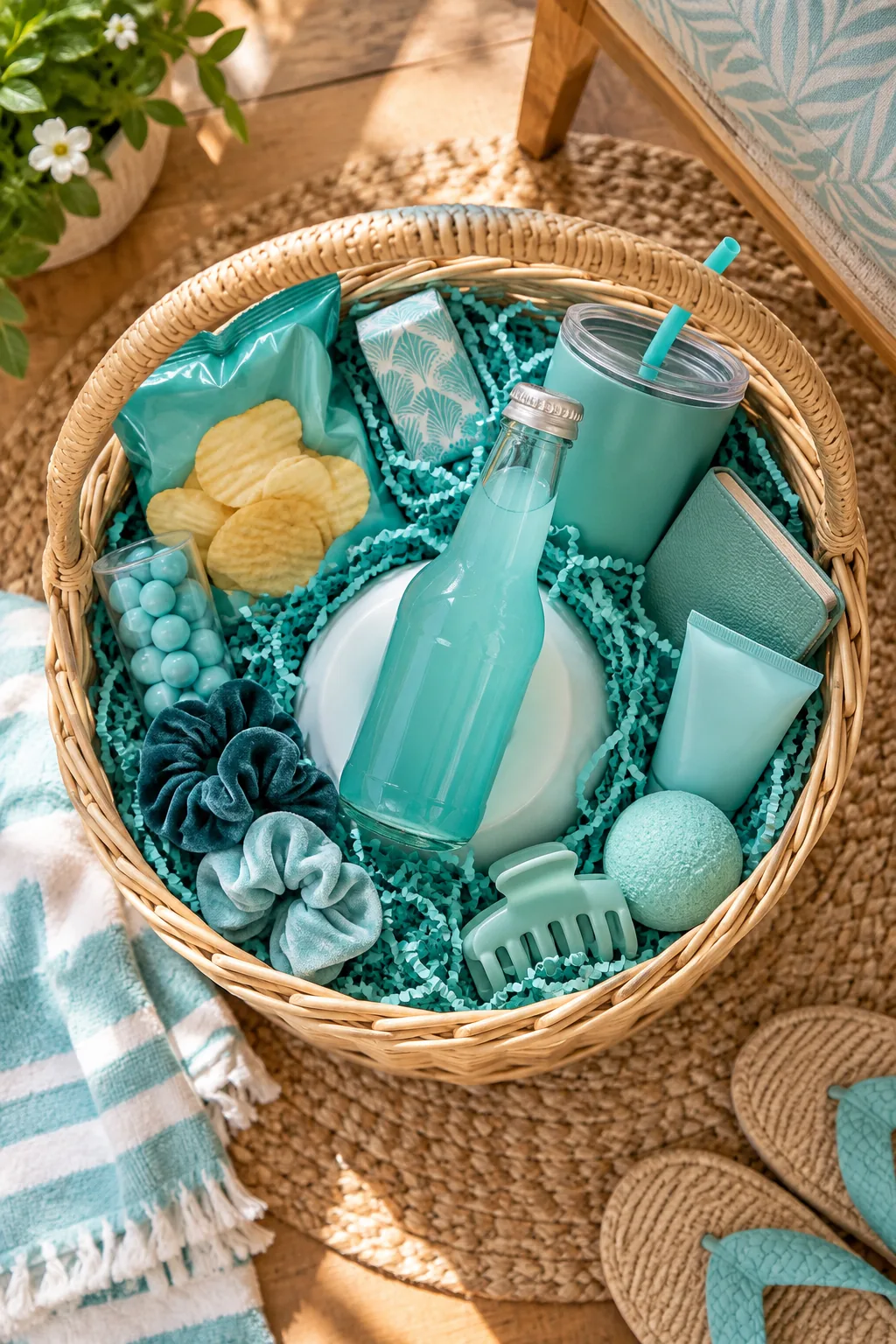 An overhead view of a teal gift basket with an upside-down white cereal bowl acting as a base for a teal soda bottle.
