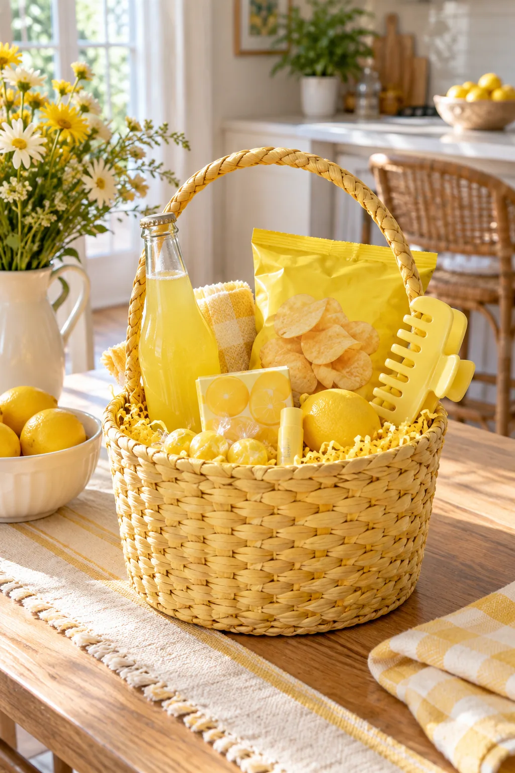 A yellow woven basket filled with a yellow sparkling water, a yellow bag of chips, and a yellow claw clip.