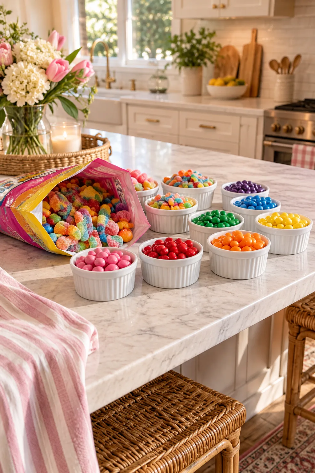 Small white bowls filled with single colors of sorted candy next to a large bulk variety bag.