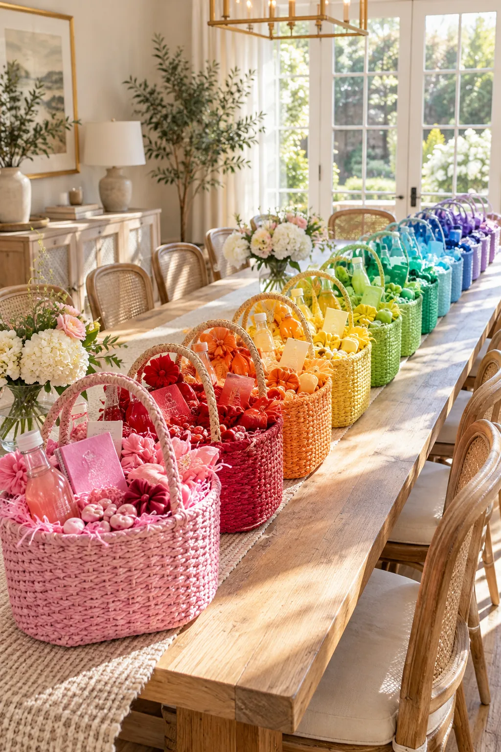 Twelve colorful gift baskets arranged in a perfect rainbow line down the center of a long dining table.