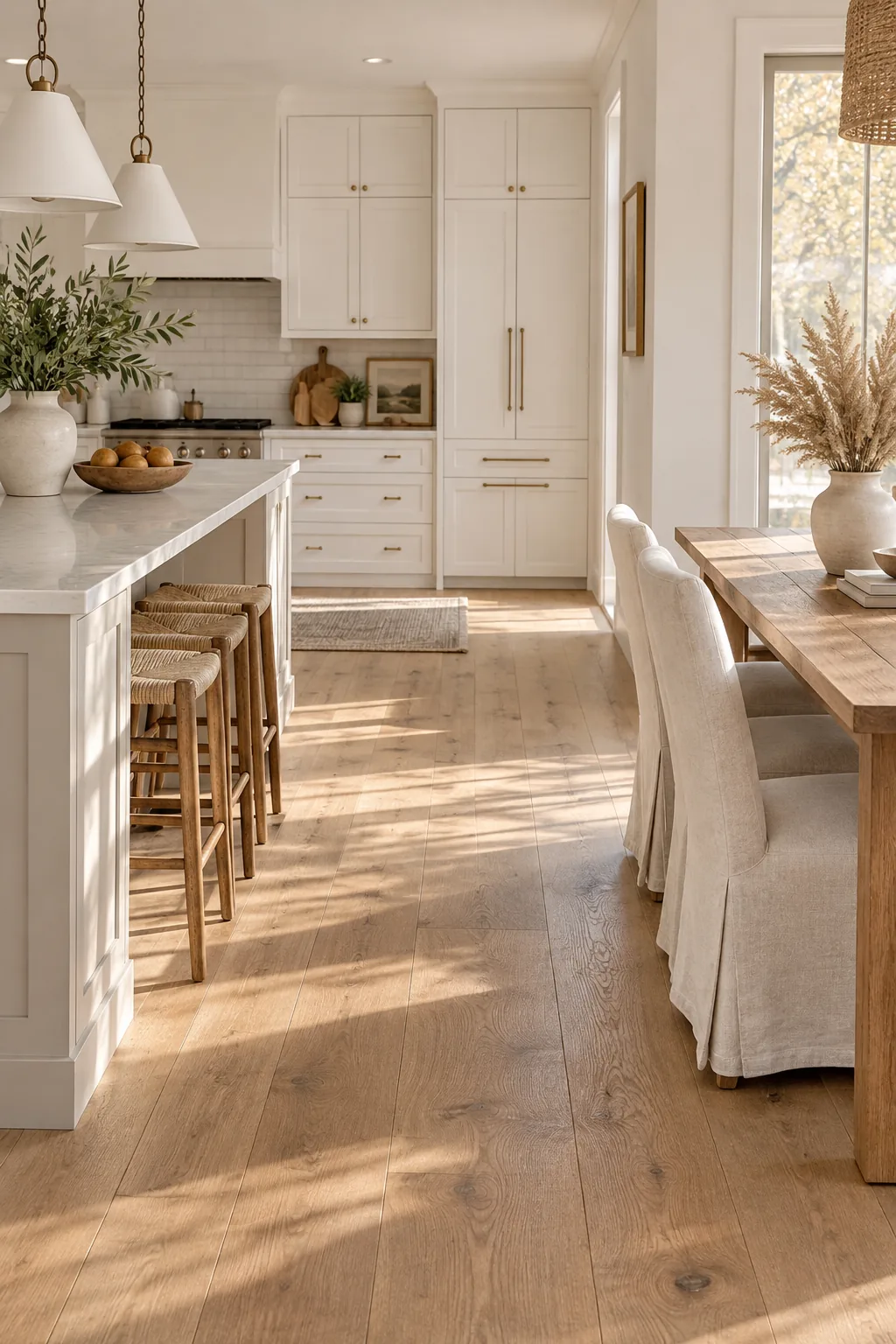 Wide shot of a kitchen and dining room sharing continuous light oak hardwood floors