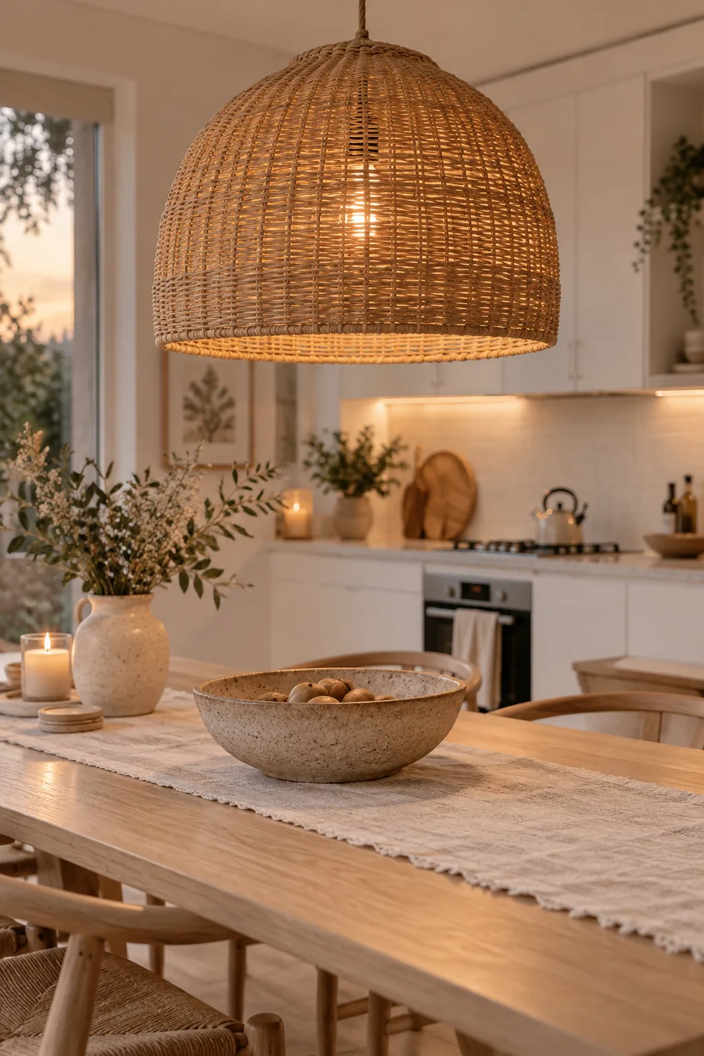 Large woven pendant light hanging over a round wooden dining table next to a white kitchen
