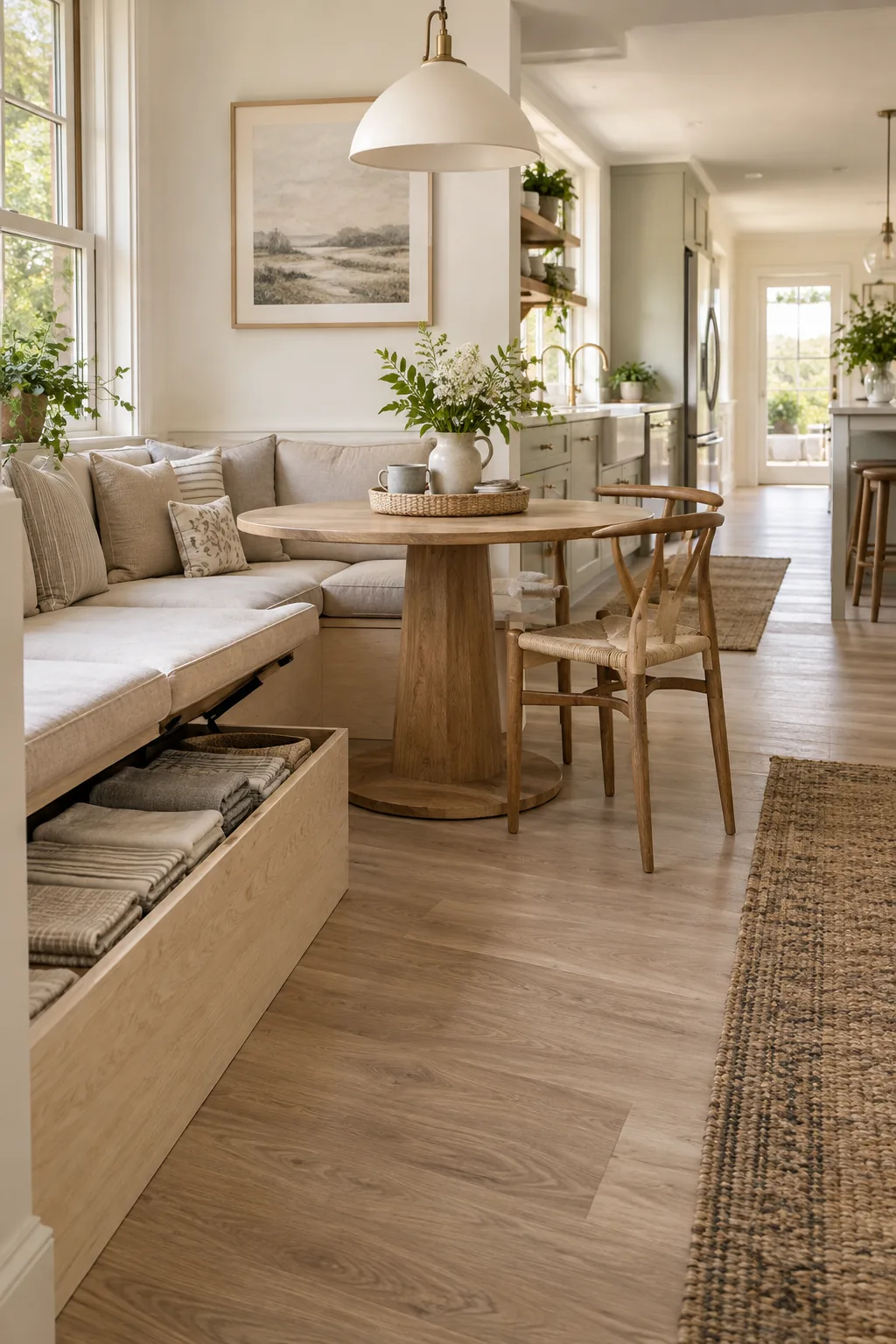 Corner banquette with storage drawers underneath next to a modern kitchen island